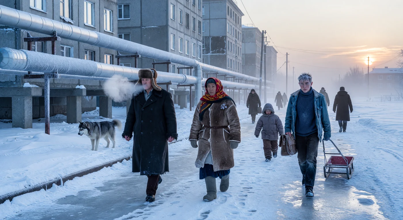 Inmitten des dichten Eisnebels von Jakutsk im Jahr 1985 navigieren Bewohner die gefrorenen Gehwege zwischen massiven, oberirdisch verlaufenden Versorgungsleitungen und auf Stelzen errichteten Wohnblöcken. Diese charakteristische Bauweise auf Betonpfeilern war technisch notwendig, um zu verhindern, dass die Eigenwärme der Gebäude den Permafrostboden schmilzt und das Fundament destabilisiert. Die Szene verdeutlicht die industrielle Erschließung Sibiriens, in der slawische Siedler und indigene Völker wie die Sacha trotz extremer klimatischer Bedingungen eine funktionierende urbane Infrastruktur im sowjetischen Norden aufrechterhielten.