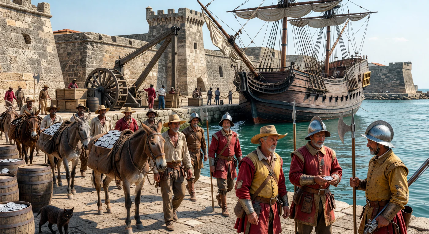 Op de zonovergoten kades van de versterkte havenstad Cartagena de Indias trekt een karavaan muildieren beladen met zilveren baren uit Potosí voorbij, geëscorteerd door Spaanse soldaten in karakteristieke morion-helmen. Deze scène uit circa 1610 toont een cruciale schakel in de Spaanse zilvervloot, waarbij kostbare metalen uit de Nieuwe Wereld werden verzameld voor de gevaarlijke trans-Atlantische oversteek. Tegen de achtergrond van massieve vestingwerken en een statig galjoen illustreert dit beeld de enorme schaal en de militaire discipline die nodig waren om de maritieme handelsroutes van het Spaanse Rijk tijdens de renaissance te beheersen.