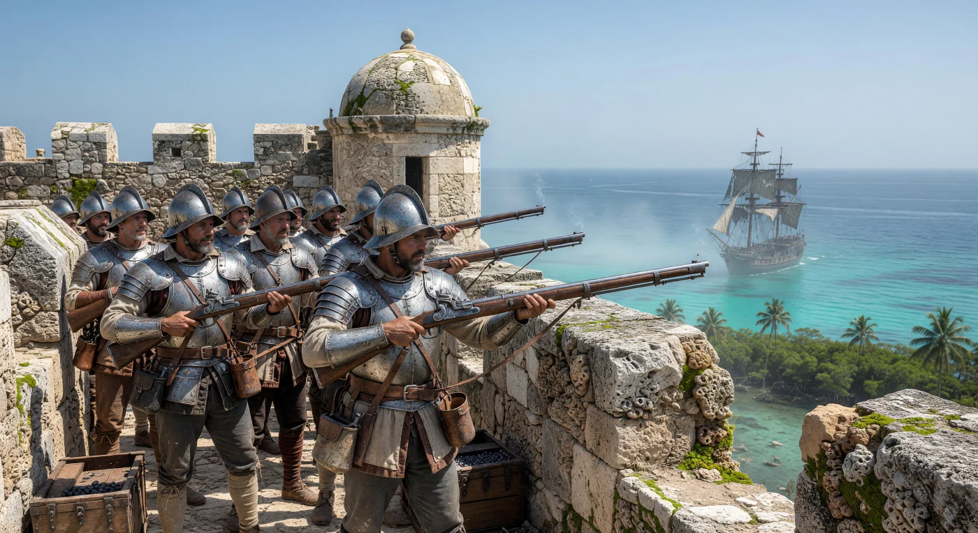 Auf den wettergegerbten Kalksteinmauern einer karibischen Festung des späten 16. Jahrhunderts nehmen spanische Arkebusiere in oxidierten Morion-Helmen und Brustpanzern ein fernes Piratenschiff ins Visier. Die Soldaten bedienen schwere Luntenschlossgewehre, während die für diese Ära charakteristischen „zwölf Apostel“ – hölzerne Pulverfläschchen an ihren Bandolieren – bei jeder Bewegung gegen die Rüstung schlagen. Solche strategischen Sternforts waren entscheidende Verteidigungsanlagen, um die wertvollen Handelsrouten des spanischen Kolonialreichs gegen die zunehmende Bedrohung durch Freibeuter und konkurrierende europäische Mächte zu sichern. Die Szene verdeutlicht die flirrende Hitze und die ständige Alarmbereitschaft an der rauen Grenze der Neuen Welt, wo europäische Militärtechnik auf die unerbittliche tropische Umgebung traf.