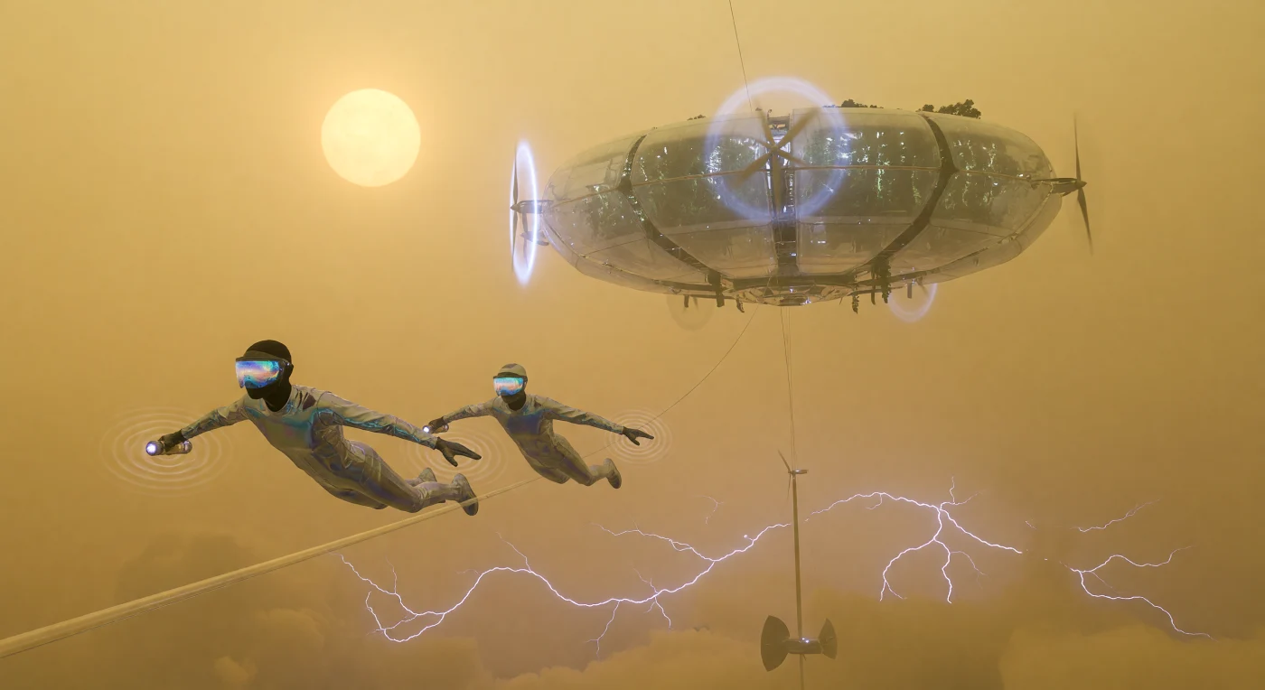 À cinquante-deux kilomètres d'altitude dans la ceinture d'Ishtar-Lada, des patrouilleurs *Aeros-Humans* veillent sur les infrastructures de l'ère de la Convergence (2100-2200), leurs silhouettes élancées se découpant sur un ciel de soufre et d'ambre. Équipés de combinaisons en graphène perlescent et d'émetteurs acoustiques, ils inspectent les amarres colossales et les éoliennes à axe vertical qui exploitent la super-rotation des vents vénusiens pour alimenter les cités flottantes. Ce biome suspendu témoigne d'une époque où l'ingénierie humaine et les modifications biologiques ont permis la colonisation de la zone habitable de Vénus, transformant une atmosphère corrosive en un sanctuaire technologique de séquestration du carbone.