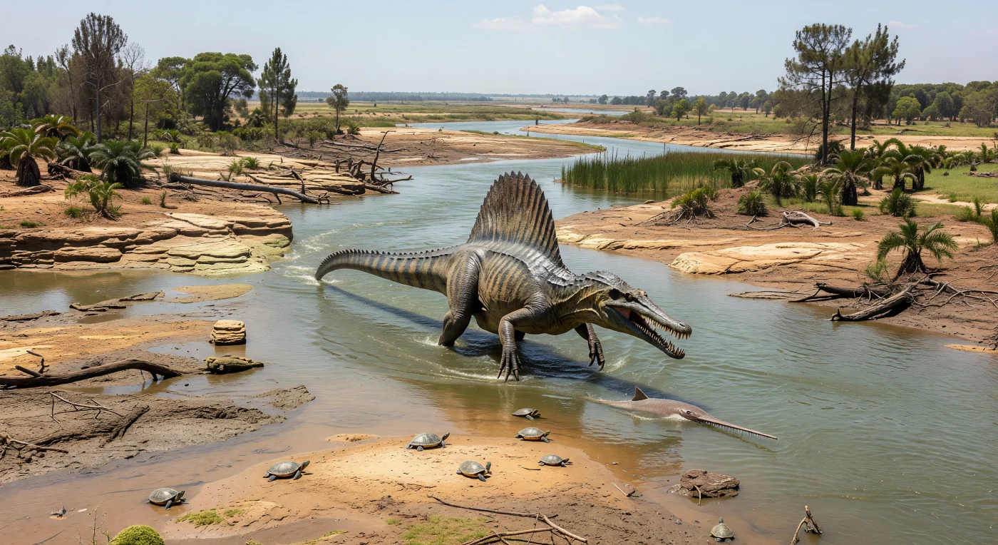 Bajo el sol blanco del Cenomaniense, hace unos 95 millones de años, un enorme Spinosaurus aegyptiacus de unos 14 metros avanza pecho adentro por un río fangoso del norte de África ecuatorial, atento al destello de Onchopristis numidus, un pez sierra de 3–4 metros que gira junto a los bancos de arena mientras varias tortugas se apiñan en la orilla. La escena recrea los sistemas fluviales de la región de Kem Kem, un paisaje de llanuras cálidas, canales trenzados y vegetación abierta de cícadas, helechos y coníferas, donde los sedimentos registran uno de los ecosistemas de agua dulce más ricos en depredadores del Cretácico medio. Con su hocico alargado, dientes cónicos y poderosa cola adaptada a la natación, Spinosaurus revela aquí su estrecha relación con los ambientes acuáticos de un mundo desaparecido.