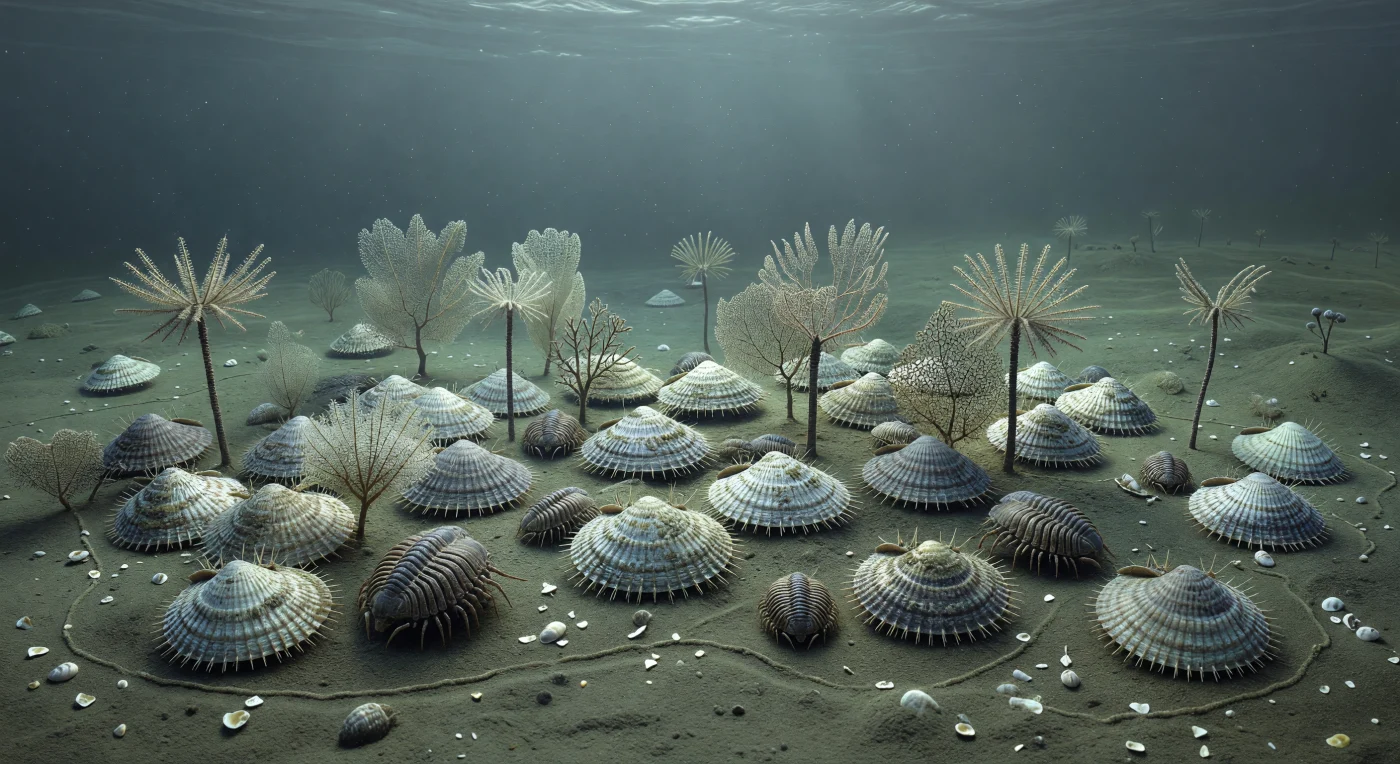 In the cool, shallow seas fringing southern Gondwana during the Late Permian, about 255–252 million years ago, muddy shelf bottoms could be densely covered by spiny productid brachiopods such as Productus and Marginifera. Among these shell beds grew delicate bryozoan fans and small stalked crinoids, while trilobites like Pseudophillipsia—among the last of their ancient lineage—crawled across the sediment. This diverse polar marine community flourished shortly before the end-Permian mass extinction, the most severe biotic crisis in Earth’s history.