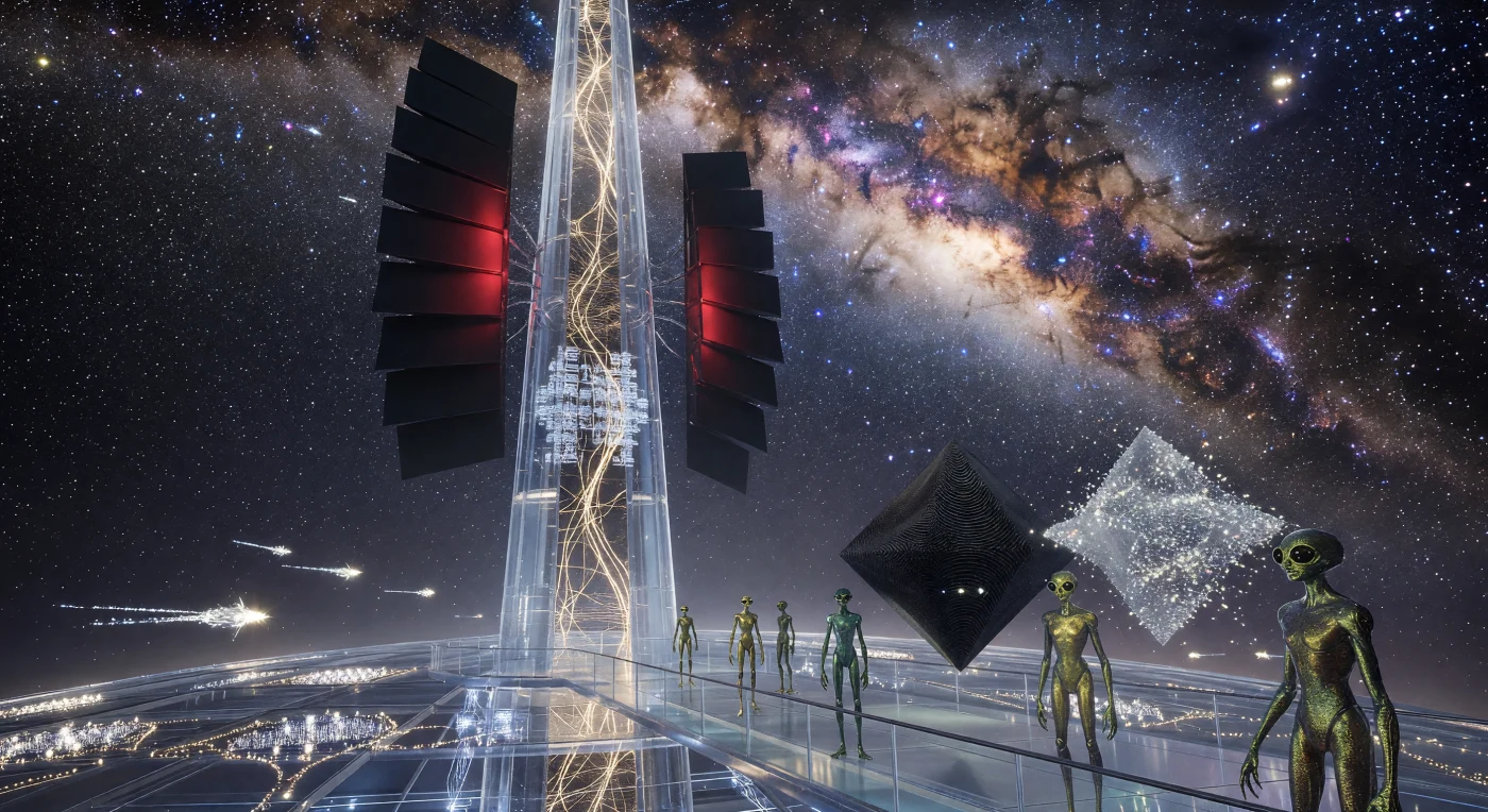 De "Spire of Constant Latency" is een vijftig kilometer hoge naald van synthetisch saffier die oprijst uit de korst van een Shell World in de kern van de Melkweg, geflankeerd door kolossale radiatorvinnen die thermische restenergie afvoeren naar de violetgouden sterrenhemel. In dit tijdperk van "The Horizon" (ca. 100.000 – 1.000.000 n.Chr.) zien we een complexe co-existentie tussen de Seeder-Kin, genetisch gemodificeerde humanoïden met een stralingsbestendige smaragdgroene huid, en post-biologische entiteiten zoals de Substrate-Independent Minds (SIMs). Deze megastructuur dient als een monumentaal knooppunt voor dataverwerking en energiebeheer binnen een interstellaire cultuur die de krachten van sterrenstelsels heeft getemd.