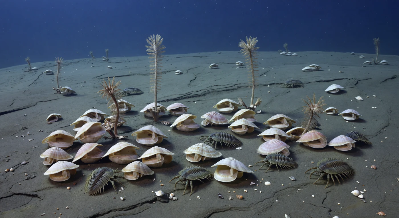 On a dim Late Devonian outer-shelf slope, clusters of long-winged spiriferid brachiopods such as Mucrospirifer and Cyrtospirifer rest on gray mud and calcareous shale while small Asteropyge trilobites move among shell debris and ostracod-rich sediment. A few tall Cupressocrinites crinoids rise above the low-relief seafloor, filtering sluggish bottom currents in weak blue light below normal wave base. This scene represents an oxygenated deep-shelf to upper-slope community about 372–359 million years ago, showing that Devonian deeper-water habitats could support diverse benthic life even beyond the famous reef systems.