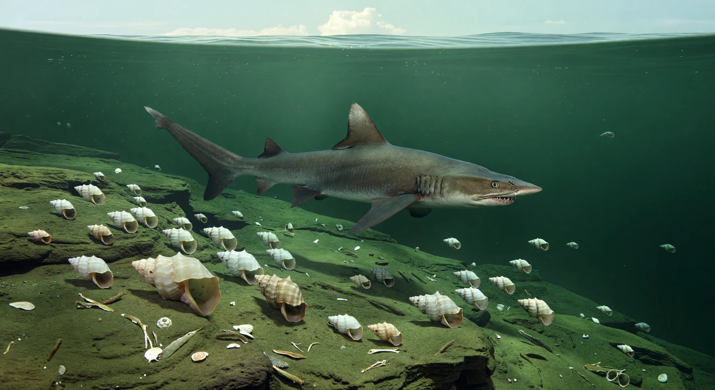 In questo mare di piattaforma esterna del tardo Carbonifero, circa 310–300 milioni di anni fa, uno squalo primitivo Ctenacanthus lungo 2,5 metri pattuglia lentamente il pendio fangoso mentre attraversa un banco di piccoli Goniatites e alcuni Gastrioceras più grandi, i cui gusci spiralati chiari riflettono deboli bagliori iridescenti nella luce filtrata. La scena si svolge al largo di coste stagionalmente aride della Pangea in formazione, dove fanghi fini, livelli calcarei e sottili ceneri rimaneggiate si accumulavano su fondali verdi e ricchi di nutrienti. In queste acque paleozoiche, molto prima dei pesci ossei moderni e dei rettili marini, squali dal corpo snello e ammonoidi ancestrali dominavano un ecosistema offshore silenzioso e profondo.