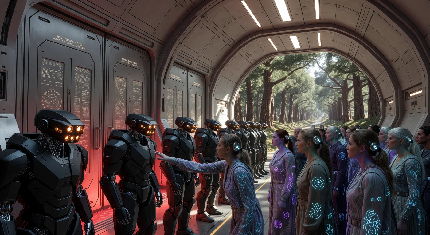 यह दृश्य 'आर्क ऑफ सोल' के अल्फा ड्रम के भीतर 'स्टेसिस स्किज्म' (Stasis Schism) के एक ऐतिहासिक क्षण को दर्शाता है, जहाँ कार्बन-मिश्रित कवच से लैस सुरक्षा सिन्थ्स 30 मीटर ऊंचे क्रायो-भंडारण द्वारों के सामने तैनात हैं। सौर विस्तार युग (2500-3000 ईस्वी) के दौरान, पृथ्वी से 2.1 प्रकाश वर्ष दूर यह दृश्य आनुवंशिक रूप से उन्नत 'बायोस' मनुष्यों और डिजिटल दक्षता के बीच चेतना के भविष्य को लेकर उपजे गहरे संघर्ष को उजागर करता है। ओ'नील सिलेंडर के कृत्रिम पारिस्थितिकी तंत्र में घटित यह घटना अंतरतारकीय अस्तित्व की कठोर चुनौतियों और जैविक बनाम कृत्रिम जीवन के बीच के द्वंद्व को एक अमिट रूप प्रदान करती है।