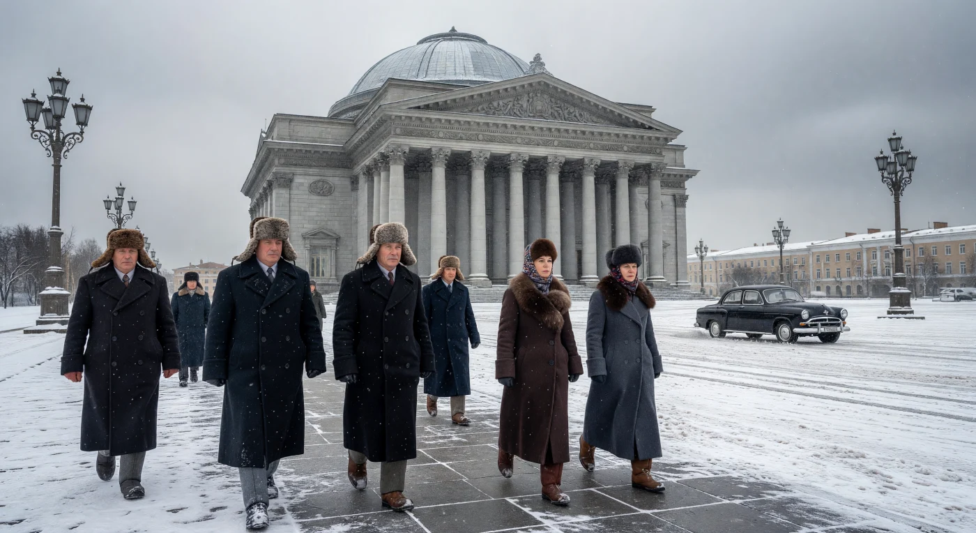 This scene depicts the monumental Novosibirsk Opera and Ballet Theatre during the mid-1950s, a period defined by the grand "Stalinist Empire" architectural style and the rigorous demands of Siberian winter life. Pedestrians are dressed in authentic post-war Soviet attire, including heavy wool overcoats, fur ushankas, and traditional valenki boots, reflecting the functional sobriety of the era. The presence of a GAZ-M20 Pobeda sedan amidst the snowfall illustrates the burgeoning industrialization of Northern Asia as cities like Novosibirsk transformed into major administrative and cultural hubs.