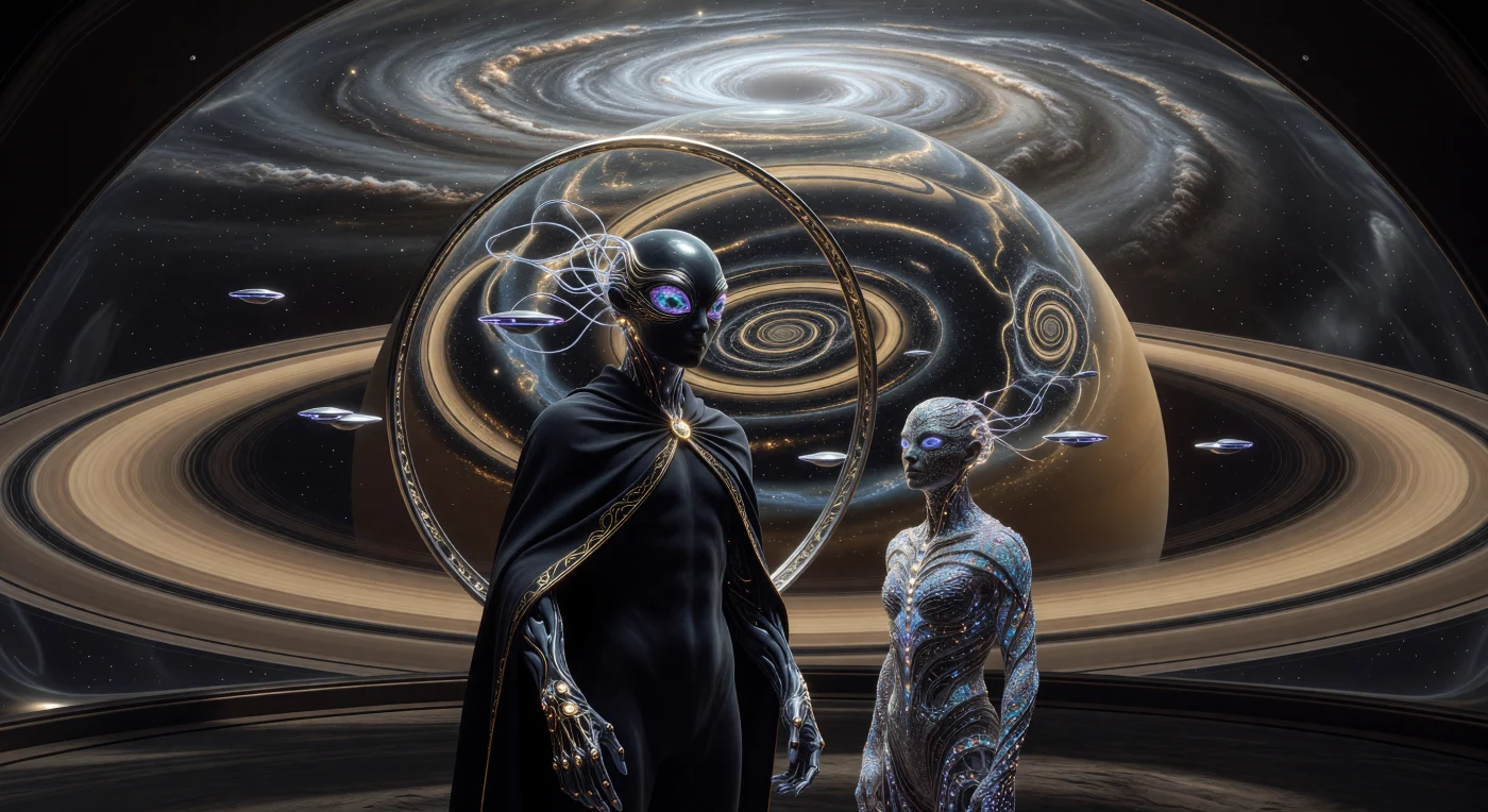 Au cœur d'une bio-bulle surplombant les tempêtes hexagonales de Saturne, une « Statue de Vide » sculptée par l'artiste Xyl-Than déforme l'espace-temps, créant des anneaux d'Einstein et des spirales non euclidiennes à travers des puits de gravité localisés. Cette scène, issue de l'ère de l'Horizon (entre 100 000 et 1 000 000 de notre ère), témoigne de la période de Consolidation Trans-Matérielle où la distinction entre biologie et technologie s'efface au profit d'une maîtrise fondamentale des lois de la physique. Un observateur post-biologique de la « Symétrie Aurélienne », paré de soie de neutrons, contemple cette œuvre invisible aux côtés d'un humain « Premier-Né » dont la parure de bio-dentelle est directement issue de son propre code génétique.