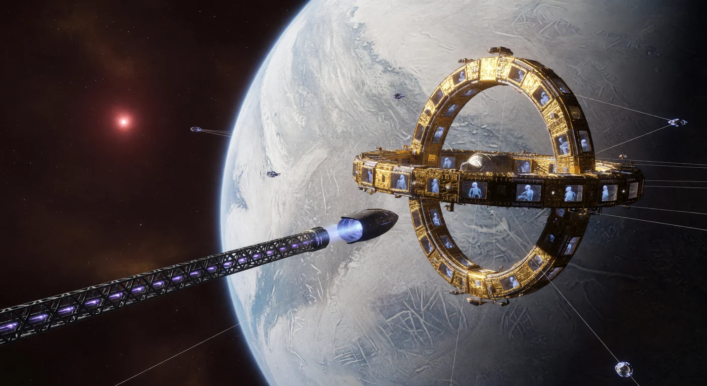 In questa veduta dell'era dell'Alba Interstellare (3000–5000 d.C.), un pod di trasporto scivola lungo un binario elettromagnetico verso il Cycler Castle, un imponente habitat rotante dorato sospeso sopra l'algida maestosità di TRAPPIST-1h. Il pianeta sottostante, un deserto di ghiacci di azoto e CO2, riflette la luce cremisi della nana rossa centrale, mentre all'interno delle paratie i Glaciali, post-umani bioluminescenti dai tessuti traslucidi, coordinano i flussi di energia del sistema. Questa scena cattura un momento di precisione orbitale nel Septem-Virato, dove l'ingegneria dei nanotubi di carbonio e la biologia sintetica hanno permesso alla vita di fiorire tra le risonanze gravitazionali di un mondo alieno.