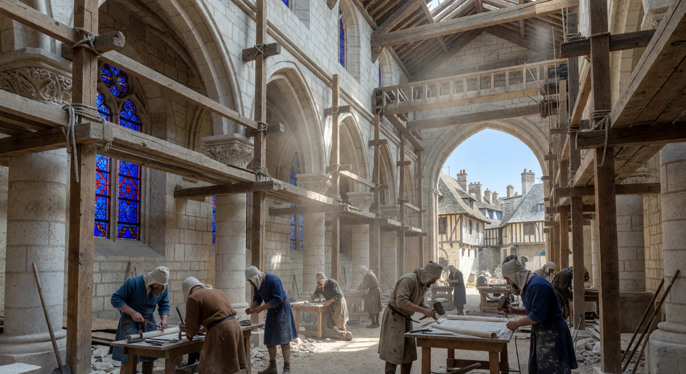 In den 1180er Jahren wird Paris zum Zentrum eines architektonischen Umbruchs, während Steinmetze unter gewaltigen Holzgerüsten den hellen Kalkstein für das aufstrebende Langhaus einer gotischen Kathedrale bearbeiten. Zwischen rhythmischen Hammerschlägen formen Handwerker in Leinenhauben filigrane Kapitäle, während erste farbenprächtige Glasfenster in Kobaltblau und Krapprot das einfallende Morgenlicht in den staubigen Bauraum brechen. Diese Szene verdeutlicht die monumentale Ingenieurskunst des Hochmittelalters und den visionären Übergang von der massiven Romanik zur lichtdurchfluteten Vertikalität der frühen Gotik.
