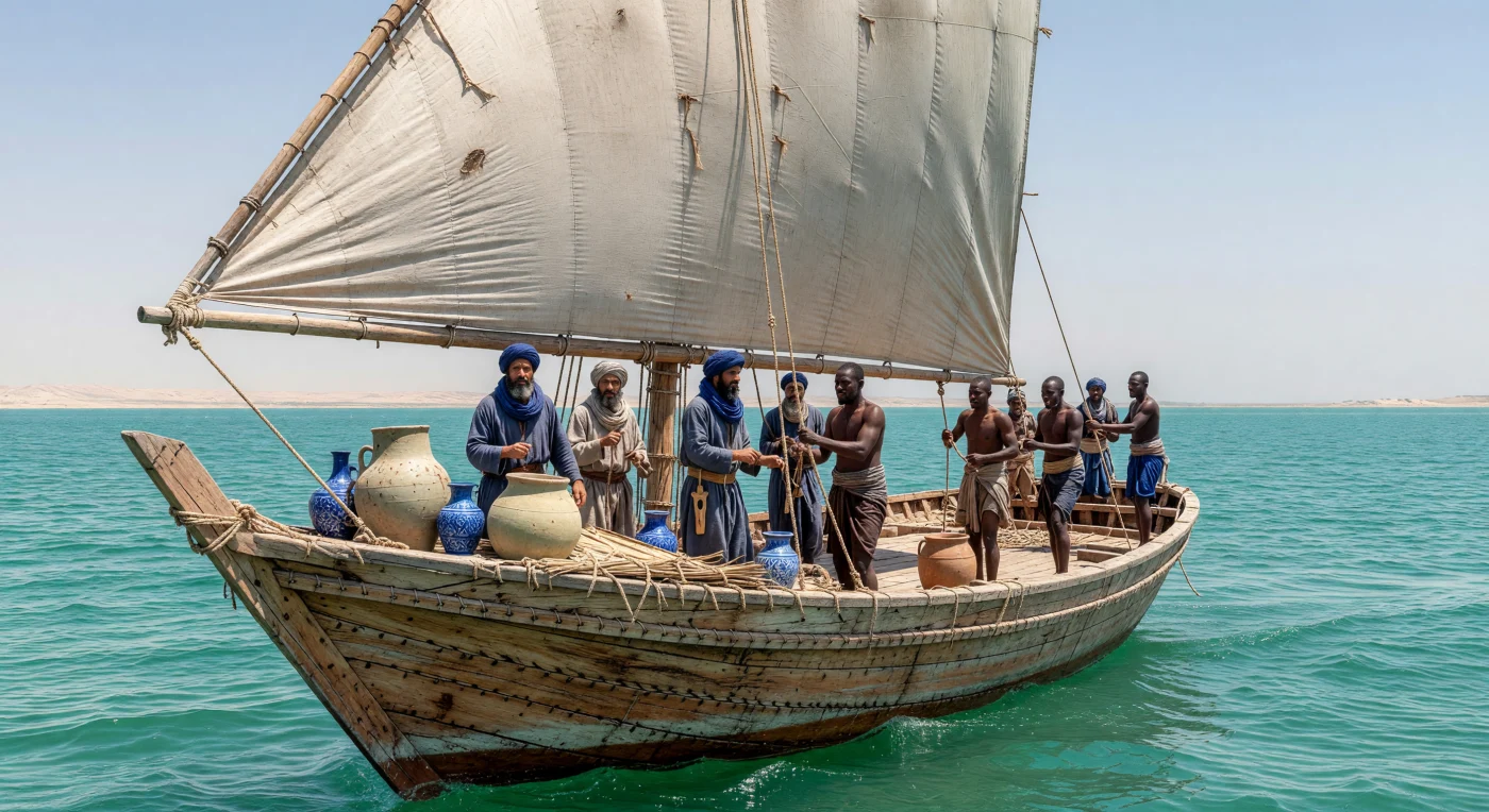 A traditional sewn dhow navigates the turquoise waters of the Persian Gulf, its teak hull meticulously bound with hand-stitched coconut-fiber twine rather than iron nails. Sailors of Arab and East African (Zanj) descent manage the heavy linen lateen sail and secure a cargo of oil held in characteristic blue-glazed Sasanian-Islamic jars. This scene illustrates the sophisticated maritime trade networks of the 9th-century Abbasid Caliphate, which served as a vital link in the "Silk Road of the Sea" connecting the Middle East with Africa and Asia.