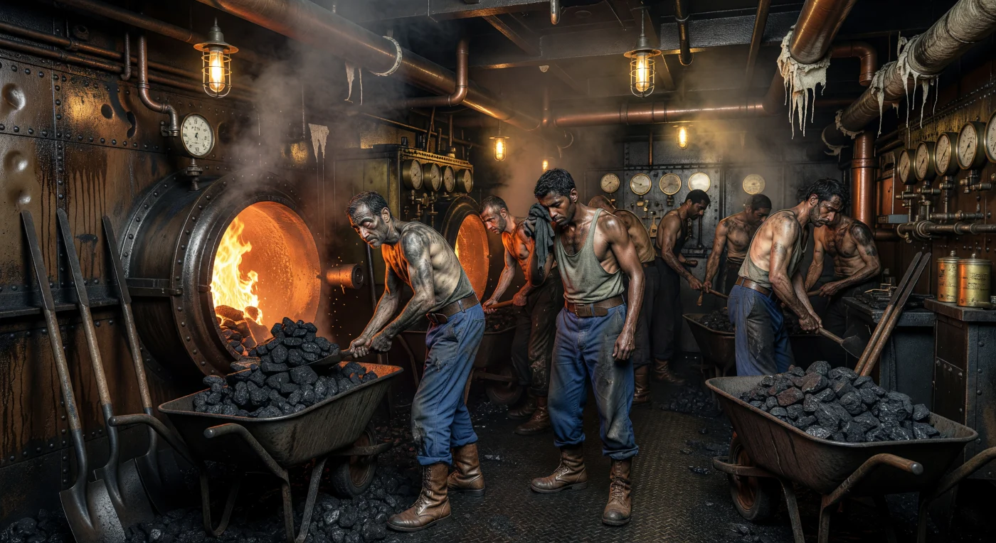 Deep within the hull of a Belle Époque ocean liner, stokers known as the "Black Gang" labor in the oppressive heat of the stokehold, their soot-streaked bodies illuminated by the fierce orange glow of open furnace maws. This subterranean world was the industrial heart of the "Age of Steam," where multi-ethnic crews—including Irish laborers and South Asian "Lascars"—worked in grueling shifts to feed the massive Scotch marine boilers. The scene illustrates the harsh physical reality of maritime labor that powered the era's transition toward globalized, high-speed transatlantic travel.