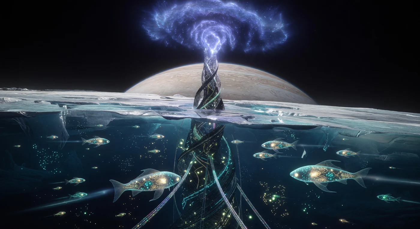 In der fernen Galaktischen Ära (5.000–20.000 n. Chr.) durchbricht eine monumentale Spirale aus Obsidian und Silikaten die kilometerdicke Eiskruste des Jupitermondes Europa, um ionisierte thermische Abfälle als violettes Plasma in das Vakuum abzugeben. In den turbulenten Strömungen darunter navigieren die Pelluciden – post-biologische Entitäten mit supraleitenden Graphen-Neuralnetzen –, die über komplexe biolumineszente Muster innerhalb ihres Kollektivbewusstseins kommunizieren. Diese technologische Architektur wandelt die gewaltigen Gezeitenkräfte Jupiters in nutzbare Energie um und markiert den Übergang des Lebens von rein biologischen Ursprüngen hin zu einer dauerhaften, technologisch augmentierten Existenz in den extremen Tiefen fremder Ozeanwelten.