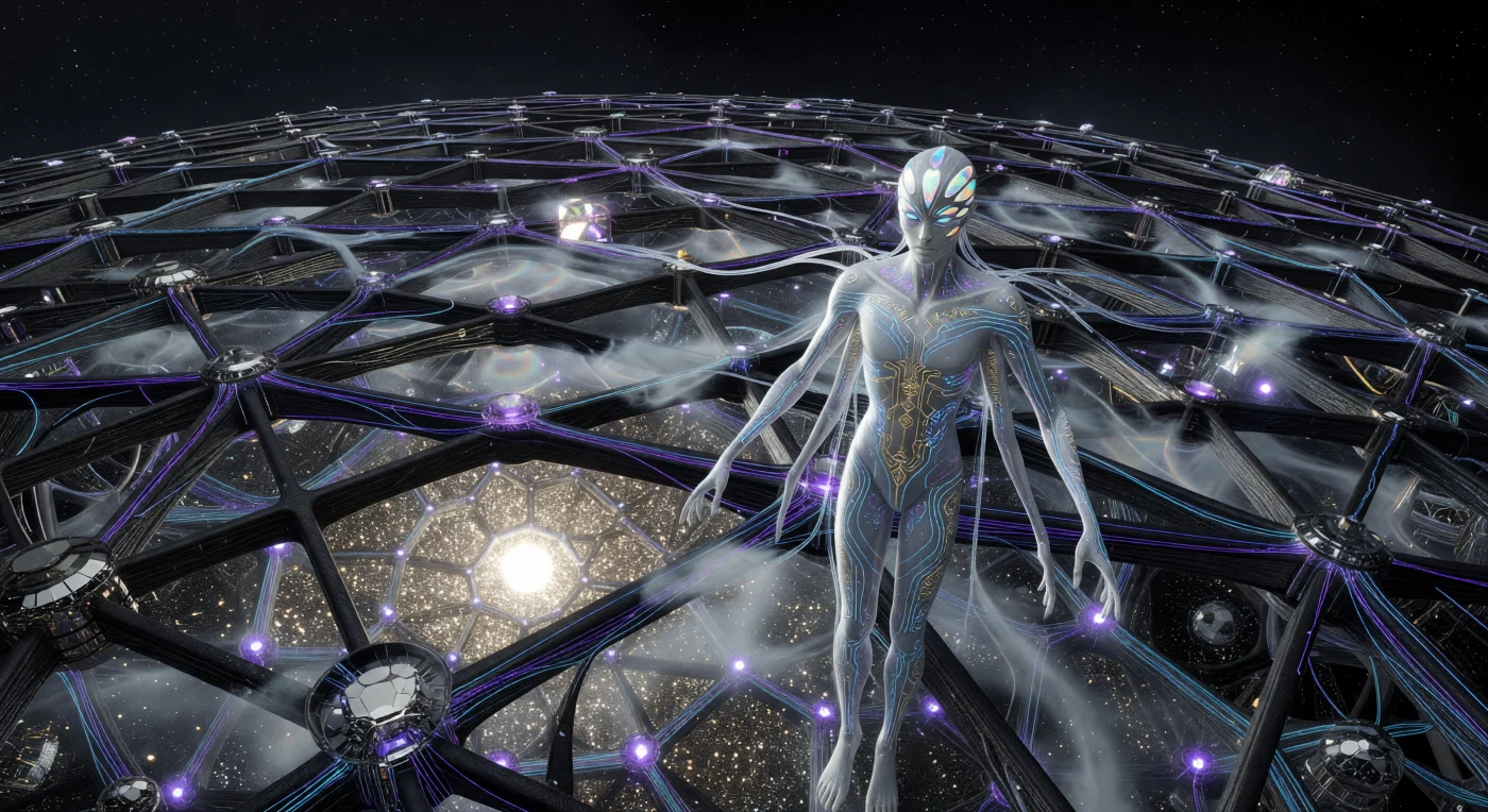 Questa ricostruzione illustra l'interno di un Cervello di Matrioshka, un'imponente megastruttura di Dyson dove reticoli di nanotubi di carbonio trasformano l'energia di una nana gialla in quadrilioni di calcoli simultanei. Nell'era della Maturità Cosmica (20.000 – 100.000 d.C.), i Saggi Post-umani dell'Egemonia Sol-Centauri si sono evoluti per interfacciarsi direttamente con gli Archivi Mnemosyne, fluttuando in ambienti criogenici stabilizzati da nebbie di elio superfluido. La scena testimonia il culmine dell'ingegneria su scala stellare, un tempo in cui la distinzione tra vita biologica e computazione cosmica è svanita definitivamente nel profondo silenzio dello spazio.