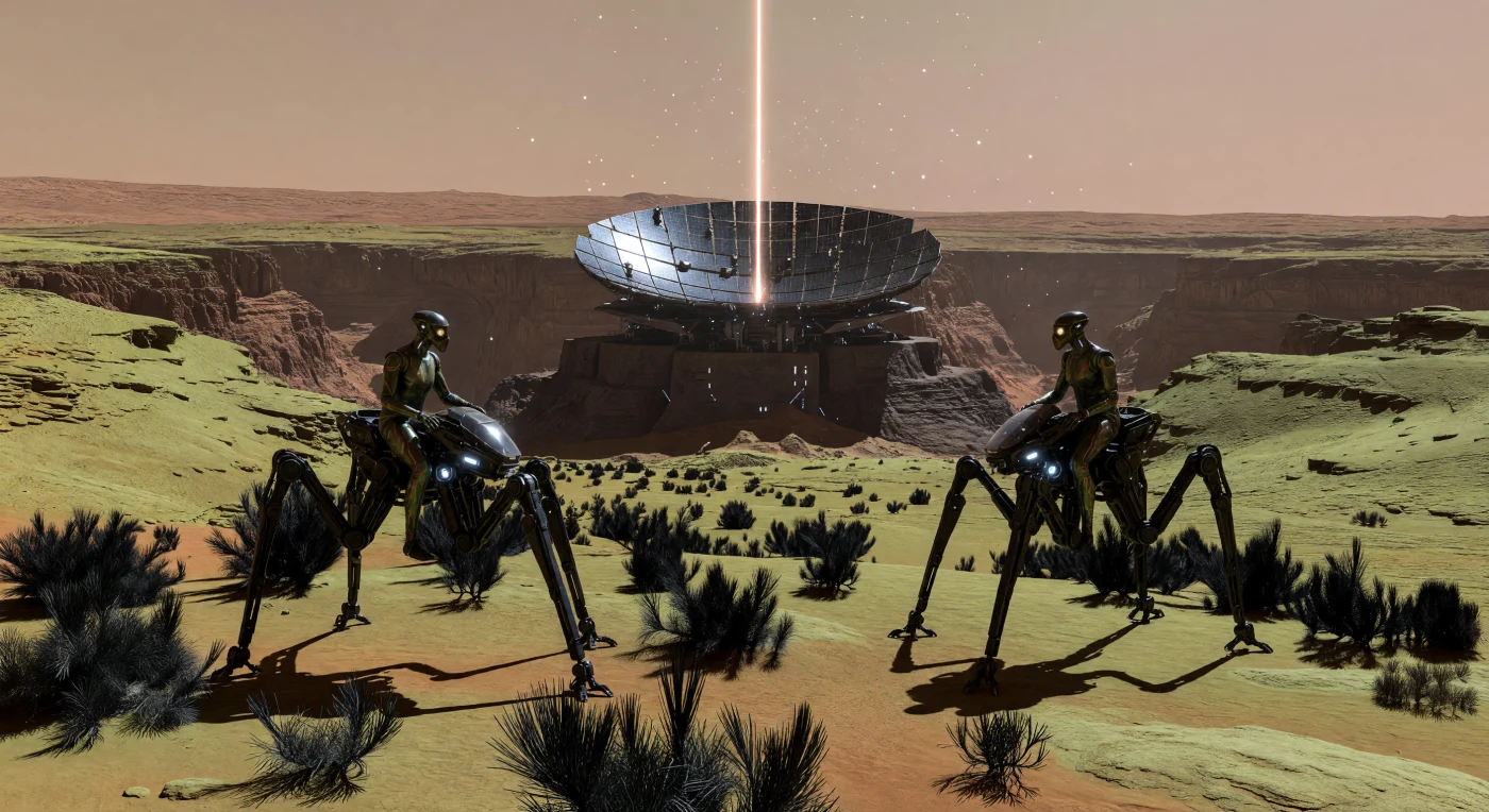 Op de hoogvlakten van Tharsis, tijdens de Era van de Grote Divergentie (2200–2500 n.Chr.), markeren spinachtige Strider-Mechs een gespannen patstelling bij een monolithische zonneconcentrator. De machines worden bestuurd door *Homo adaptus*, een post-humane soort wiens langgerekte gestalte en tonvormige borstkas perfect zijn aangepast aan de lage zwaartekracht en de ijle atmosfeer van het geterraformeerde Mars. Tussen genetisch gemanipuleerde zwarte sparren en onder een karakteristieke boterbloemroze hemel toont deze scène de bittere strijd om energiebronnen in een wereld die volledig afhankelijk is van de warmte van orbitale spiegels.