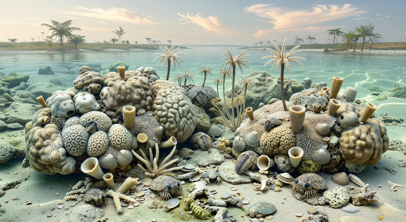 In den klaren, warmen Flachwassern eines devonischen Karbonat-Schelfs vor rund 375–360 Millionen Jahren erhebt sich ein kleines Patch-Riff aus knolligen Stromatoporen, wabenförmigen Kolonien von Favosites und einzelnen Hornkorallen wie Heliophyllum über hellem Kalkschutt und Kalkschlamm. Zwischen den Riffkörpern sitzen zarte Bryozoen, gestielte Seelilien und die geflügelten Brachiopoden Mucrospirifer, während einige etwa 10 Zentimeter lange Phacops-Trilobiten über den Meeresboden kriechen. Im Hintergrund liegt die flache Küste des Kontinents Laurussia mit frühen Wäldern aus Archaeopteris und Lycophyten – ein eindrucksvolles Zeugnis jener Zeit, als komplexe Riffe und die ersten Wälder gleichzeitig die Erde prägten.