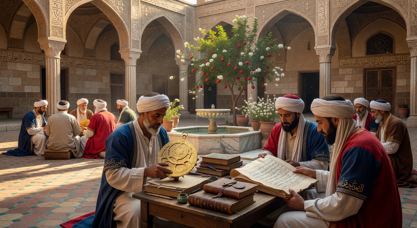All'interno del cortile di una prestigiosa madrasa del XIII secolo, tra archi a sesto acuto decorati con calligrafia Thuluth e raffinati muqarnas, un gruppo di studiosi arabi e persiani si dedica allo studio di manoscritti in carta di Samarcanda e complessi astrolabi in ottone. I loro abiti stratificati in lino e cotone, insieme ai turbanti avvolti con cura, riflettono la raffinatezza estetica e l'alto rango dei centri intellettuali di Baghdad e Isfahan. Questa scena cattura l'apice della cultura scientifica del mondo islamico medievale, un'epoca in cui la ricerca del sapere univa precisione tecnica e splendore architettonico in un'atmosfera di profonda contemplazione.