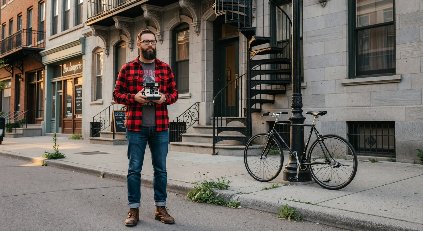 Dans le quartier du Mile End à Montréal vers 2014, un homme incarne l'esthétique « lumbersexuel » avec sa barbe fournie, sa chemise en flanelle et son appareil Polaroid, symbole d'un retour nostalgique aux technologies analogiques à l'apogée de l'ère numérique. Cette scène capture l'essence de la culture hipster de la mi-décennie, où le style de vie urbain se définit par un mélange de mode rétro, de consommation consciente et de réappropriation des objets du passé. L'arrière-plan, marqué par l'architecture typique des « plex » montréalais et un vélo à pignon fixe, témoigne de la transformation de ces anciens quartiers ouvriers en épicentres de la créativité et de l'intellectualisme contemporains.