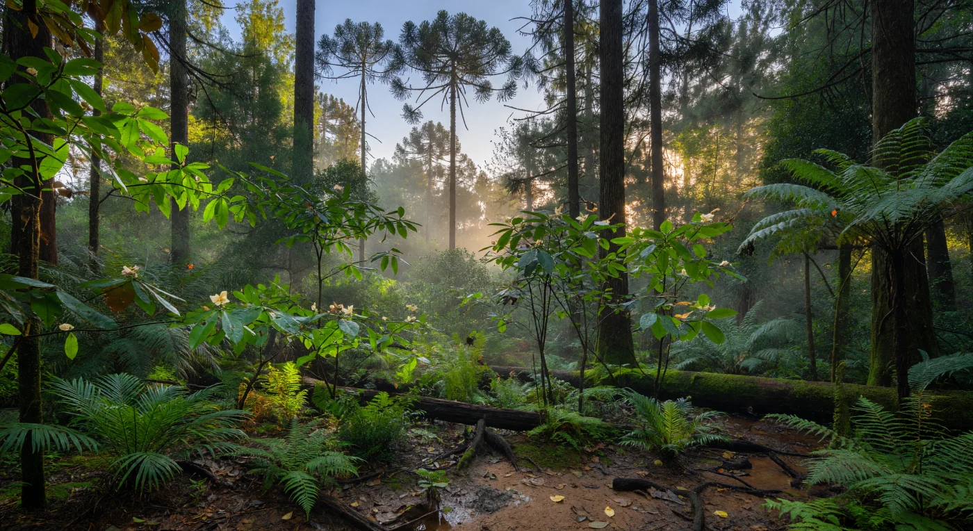 No interior húmido de uma floresta equatorial do Cretácico Superior, há cerca de 100–66 milhões de anos, troncos altos de coníferas araucariáceas e podocarpáceas erguem-se acima de um sub-bosque denso de angiospérmicas primitivas do grupo das magnoliídeas, fetos arborescentes e cicas. À luz verde-dourada da manhã, pequenas flores creme sobre folhas cerosas atraem escaravelhos, vespas parasitoides, neurópteros e polinizadores semelhantes a abelhas primitivas, revelando um momento inicial da grande radiação das plantas com flor. Este ambiente mostra um mundo de transição: sob a copa de gimnospérmicas ancestrais, as primeiras florestas tropicais ricas em angiospérmicas começavam a transformar os ecossistemas da faixa paleoequatorial.