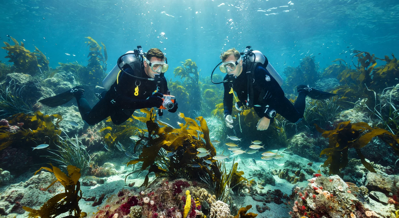 Due subacquei in mute di neoprene nero e bombole d'argento esplorano una lussureggiante foresta di *Posidonia oceanica* nel Mediterraneo, documentando l'ecosistema con una storica fotocamera Nikonos. Questa scena degli anni '60 cattura l'epoca pionieristica della subacquea moderna, resa possibile dall'invenzione dell'Aqua-Lung che trasformò l'oceano in una nuova frontiera per la scienza e l'avventura. La luce solare che filtra tra le alghe e i piccoli pesci d'argento evoca il fascino dei primi documentari marini, segnando l'inizio di una nuova consapevolezza ecologica globale.