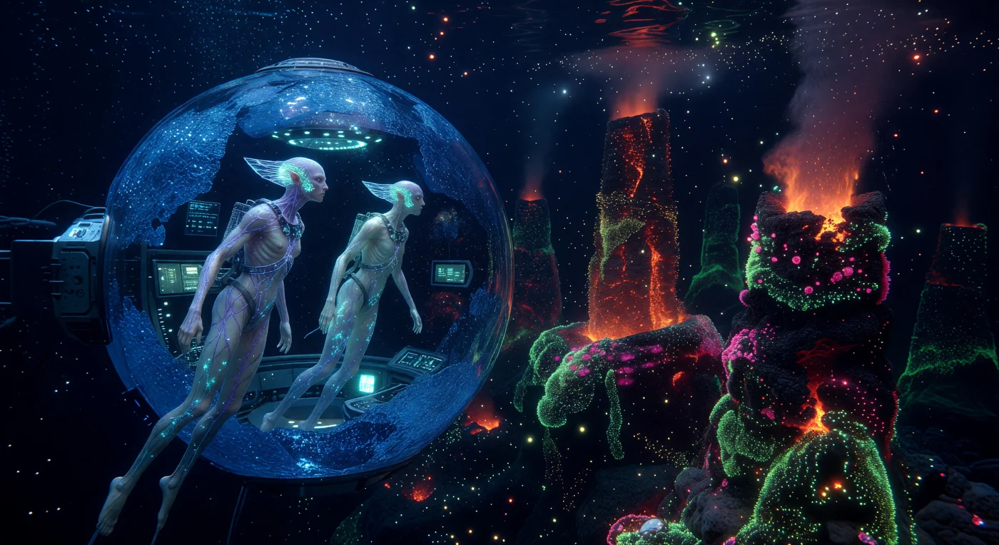 Nelle profondità degli oceani subglaciali di TRAPPIST-1g, durante l'era dell'Alba Interstellare (3000-5000 d.C.), un sommergibile in allumina zaffiro solca un abisso di eterna oscurità. Due ricercatori della stirpe dei *Glaciali*, post-umani dai corpi traslucidi adattati al freddo estremo, osservano vibranti colonie di "microbi-scintilla" che prosperano presso camini idrotermali ricchi di minerali. Questo ecosistema, alimentato dall'energia geotermica del pianeta anziché dalla luce stellare, testimonia la straordinaria evoluzione biologica e tecnologica necessaria per abitare i mondi in risonanza del sistema TRAPPIST-1.