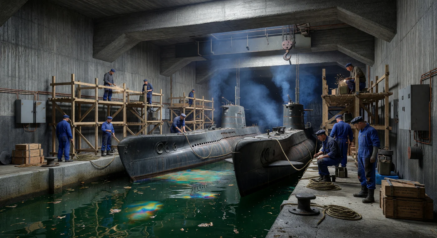 En el interior de la base de Keroman hacia 1942, dos submarinos Tipo VIIc permanecen atracados en las aguas oscuras de un búnker de hormigón reforzado, cuyos muros de tres metros de espesor muestran aún las marcas del encofrado original. Bajo la luz gélida que penetra desde el Atlántico, operarios de la Kriegsmarine realizan labores de mantenimiento sobre andamios de madera, rodeados por el humo de los motores diésel y las chispas de las antorchas de soldadura. Esta imponente estructura industrial representa la escala monumental de la guerra submarina, diseñada para proteger a la flota alemana de los incesantes bombardeos aliados durante la Batalla del Atlántico.