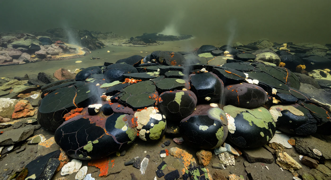 In this Archean nearshore seascape, bulbous pillow basalts lie heaped across the shallow seafloor, their dark quenched surfaces cracked by rapid cooling as hydrothermal fluids seep through fractures. Orange-red iron-rich precipitates, pale silica crusts, and thin microbial films coat the rock in places, while a low, barren proto-continent of TTG and greenstone rises faintly in the background. The scene represents Earth roughly 3.2–2.7 billion years ago, when volcanic oceanic crust, hydrothermal activity, and microbial life dominated coastal environments long before animals, plants, or oxygen-rich seas.