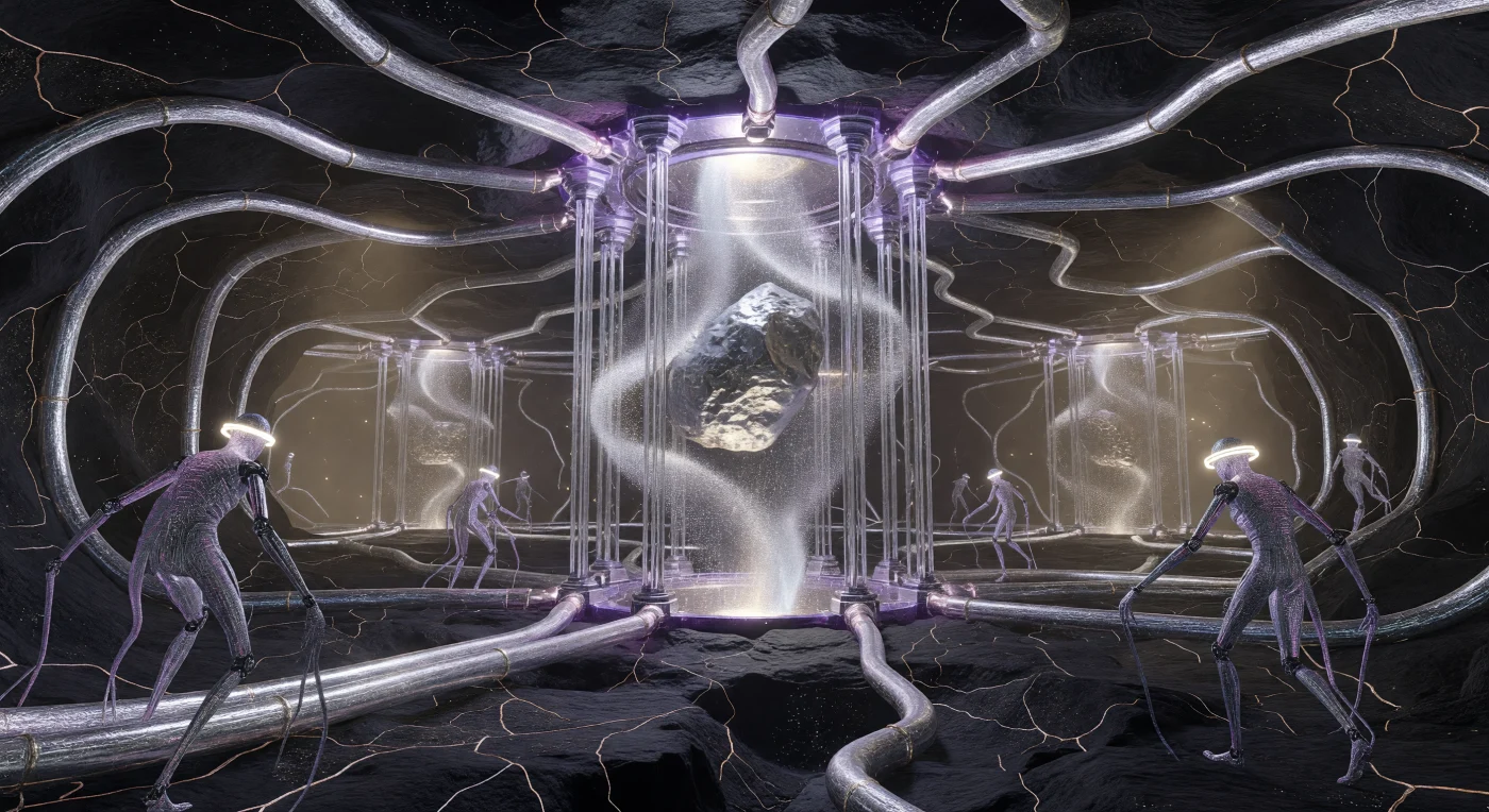 Tief in der Planetenkruste des Zeitalters der Kosmischen Reife (ca. 20.000–100.000 n. Chr.) offenbart sich eine gigantische subtektonische Raffinerie, in der Asteroidenfragmente innerhalb diamantreiner Gitterstrukturen auf subatomarer Ebene zerlegt werden. Die massiven Wände aus „Programmierbarem Basalt“ pulsieren im Rhythmus der Femto-Montage, während glühende Leitungen aus flüssigem Chrom die Anlage wie arterielle Bahnen mit Energie und Materie versorgen. Inmitten dieses technologischen Ökosystems navigieren post-humane Wartungskustoden – spezialisierte Wesen mit einer Haut aus Kohlenstoff-Nanoröhren –, die perfekt an den immensen Druck und die magnetischen Ströme dieser mineralisch-technischen Symbiose angepasst sind.