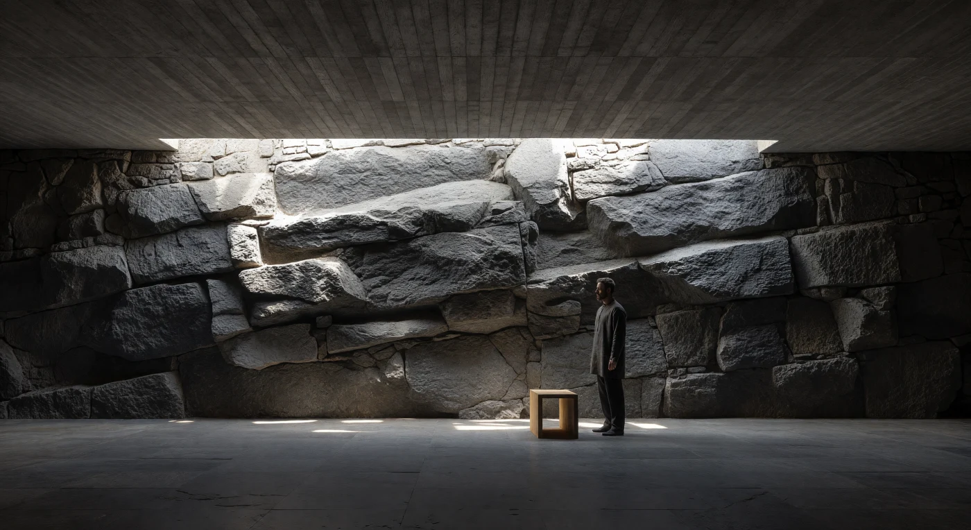 Designed by Emre Arolat and completed in 2012, the Sancaklar Mosque in Istanbul represents a radical shift in Digital Age sacred architecture, eschewing traditional ornamentation for a subterranean "cave-like" sanctuary that blends into the Anatolian topography. The interior showcases a dramatic contrast between the industrial texture of board-formed concrete and the primal, layered strata of rough-hewn grey stone, all illuminated by a singular "halo" of natural light from a hidden skylight. This minimalist design illustrates the 21st-century movement toward material honesty and atmospheric precision, utilizing modern engineering to create a space focused entirely on spiritual contemplation and silence.