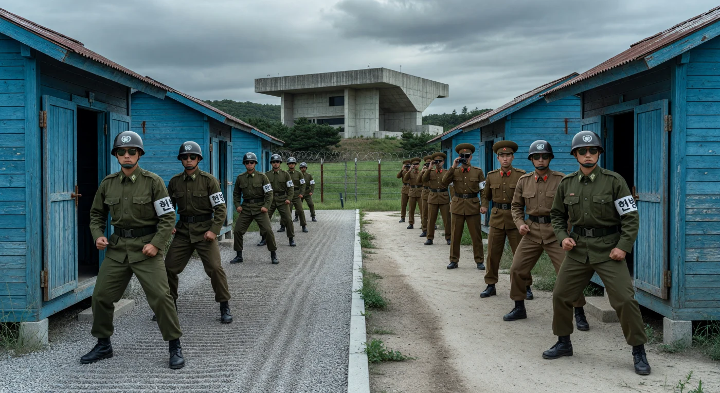 In der Joint Security Area von Panmunjom stehen südkoreanische Soldaten in markanten Kampfhaltungen vor den blauen UN-Baracken direkt an der Demarkationslinie, die die koreanische Halbinsel teilt. Diese Szene aus den späten 1970er Jahren fängt die eisige Stille und die psychologische Belastung des Kalten Krieges ein, während sich die Wachen beider Seiten in einem unnachgiebigen Blickduell gegenüberstehen. Die akkuraten Uniformen und die sterile Umgebung verdeutlichen die tiefe politische Spaltung und die ständige militärische Alarmbereitschaft in einer der am stärksten bewachten Grenzen der Welt.