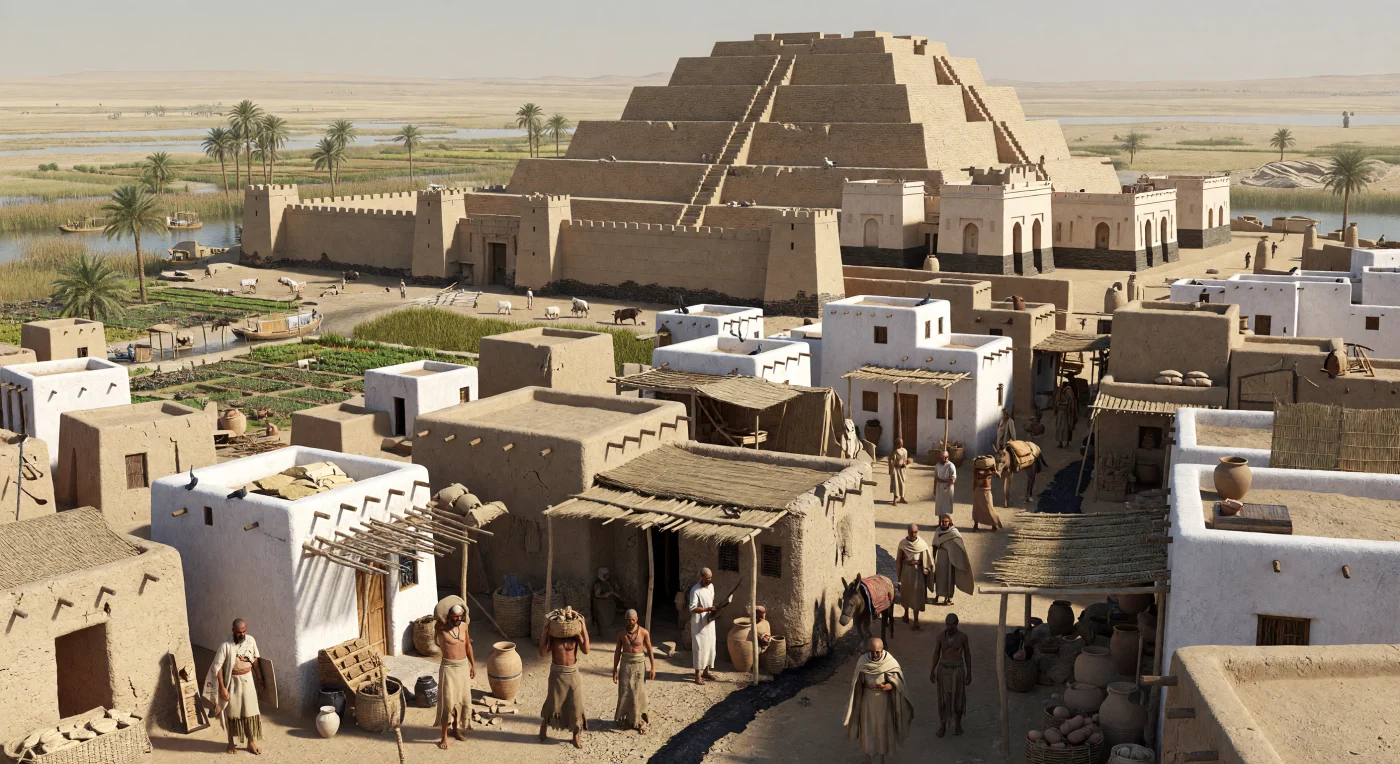 Über der staubigen Ebene Südmesopotamiens erhebt sich ein gewaltiger Stufenturm aus Lehmziegeln, dessen breite Terrassen und Prozessionstreppen den heiligen Bezirk einer sumerischen Stadt der Ur-III-Zeit beherrschen. Zu seinen Füßen drängen sich flachdachige Hofhäuser, enge gewundene Gassen und eine mächtige, von Türmen flankierte Stadtmauer, während an den Kanälen Boote, Lasttiere, Händler, Schreiber und Arbeiter den Alltag einer dicht organisierten Stadt sichtbar machen. Solche Zikkurate waren keine Gräber, sondern monumentale Tempelanlagen, die Religion, Verwaltung und Herrschaft miteinander verbanden und durch Keilschrifttafeln, Importgüter und Bewässerungswirtschaft die weite Vernetzung Mesopotamiens im späten 3. Jahrtausend v. Chr. zeigen.