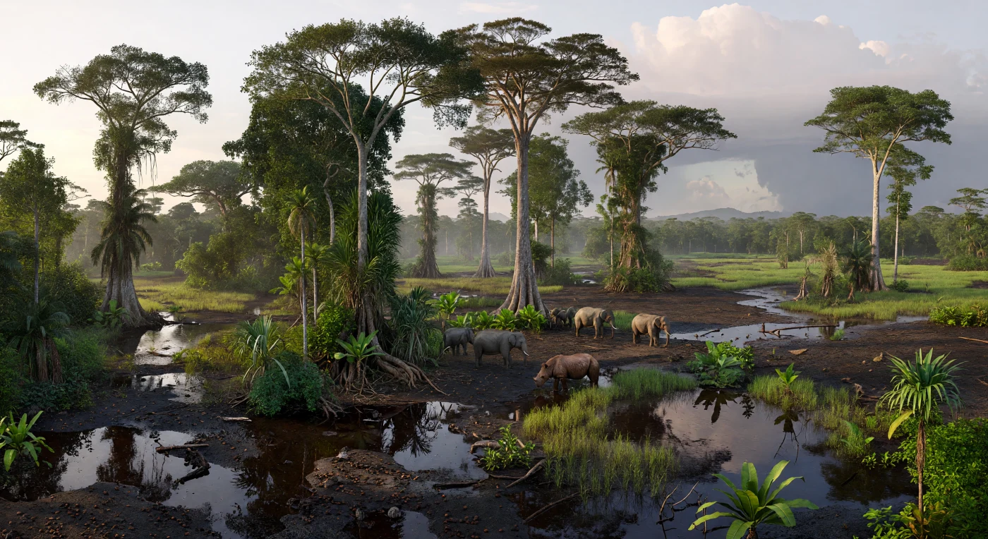 हिमयुग के उत्तर प्लाइस्टोसीन, लगभग 1,26,000 से 11,700 वर्ष पहले, समुद्र-स्तर नीचे गिरने पर उजागर हुए सुंडालैंड के विशाल समतल पर यह दृश्य आर्द्र उष्णकटिबंधीय शरणस्थल का एक दुर्लभ क्षण दिखाता है। काले जलोढ़ और पीट-मिश्रित दलदली soils पर 50–70 मीटर ऊँचे डिप्टेरोकार्प दिग्गज—विशेषतः शोरिया (Shorea) और डिप्टेरोकार्पस (Dipterocarpus)—आकाश छूते खड़े हैं, जबकि उनके बीच एशियाई हाथियों Elephas maximus का छोटा झुंड और घने रोएँ वाला सुमात्राई गैंडा Dicerorhinus sumatrensis रैटन, अंजीरों और काली दलदली जलकुंडों के बीच से गुजरते हैं। यह वन केवल हरियाली नहीं, बल्कि गहरे समय की जीवित स्मृति है—एक ऐसा पारिस्थितिक आश्रय जहाँ बदलती जलवायु के बावजूद वर्षावन और उसकी विशिष्ट जीव-जगत रेखाएँ टिके रहीं।