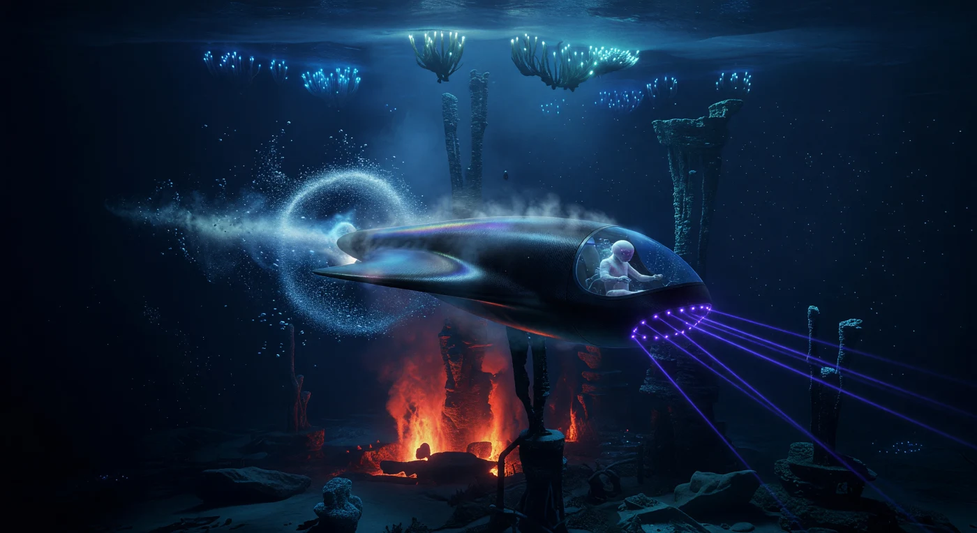 Ein superkavitierendes Tauchboot der Manta-Klasse durchschneidet die abyssale Finsternis des Jupitermondes Europa, während seine Buglaser eine schimmernde Dampfhülle zur Überwindung des enormen Wasserdrucks erzeugen. In dieser Szene aus der Ära der Großen Divergenz (2200–2500 n. Chr.) steuert ein *Homo adaptus* – eine durch Bio-Sonar und Kiemen an die Tiefsee angepasste Menschenform – das Gefährt an gigantischen hydrothermalen Schloten vorbei, welche das isolierte Ökosystem mit lebenswichtiger geothermischer Energie speisen. Diese Rekonstruktion illustriert die evolutionäre Aufspaltung der Menschheit und ihre technologische Anpassung an die extremen Bedingungen unter dem kilometerdicken Eispanzer des Jupitersystems.