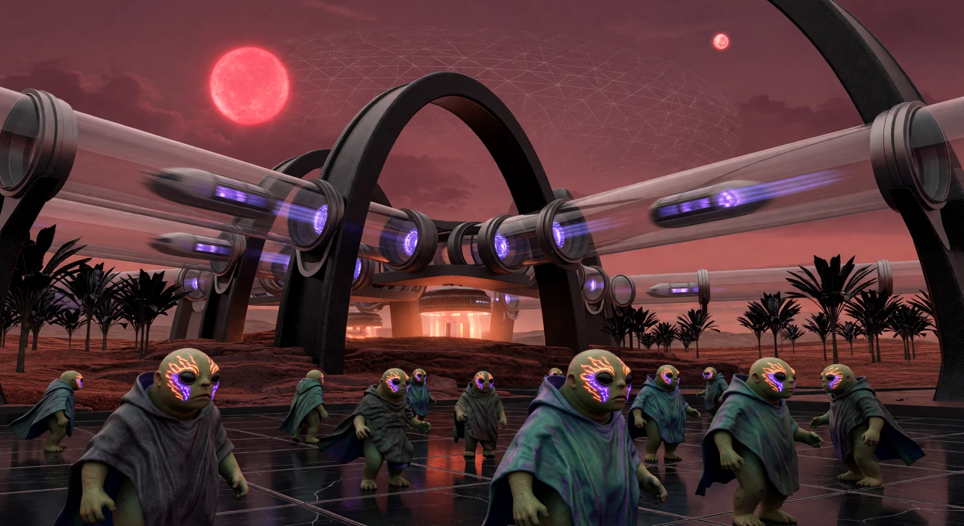 Tijdens de 'Interstellaire Dageraad' (3000–5000 n.Chr.) fungeerde dit complex van grafeenglas als een vitaal knooppunt voor supersonisch transport op de getijdenlijn van Proxima b. In de schaduw van de rode dwergster zien we een groep 'Ontkoppelden' van de soort *Homo Proximus*, wiens gedrongen postuur en infrarood-gevoelige ogen getuigen van een millennia-lange adaptatie aan een wereld met 1,2g zwaartekracht. Terwijl de Dyson-Shroud in de atmosfeer de energie van zonnevlammen oogst, communiceren deze dissidenten via bioluminescente 'Lumen-Spraak', een krachtig visueel protest tegen de neurologische integratie die de rest van hun technologisch gevorderde beschaving kenmerkt.