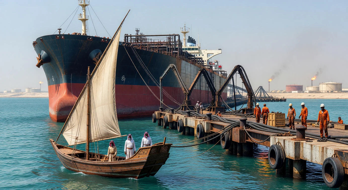 At the Ras Tanura terminal in the late 1970s, a massive steel supertanker looms over a traditional wooden "Boom" dhow, illustrating the dramatic scale of the Middle Eastern oil boom. This juxtaposition captures a pivotal moment in the Contemporary Era, where centuries-old maritime traditions of the Persian Gulf intersected with the rapid industrialization required to fuel the global economy. The scene reflects the socio-economic transformation of Saudi Arabia, showing a landscape where reinforced concrete piers and petroleum infrastructure began to dominate the ancient turquoise coastline.
