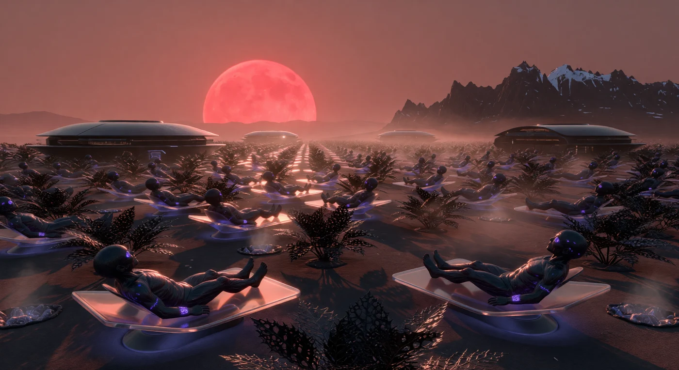 Sous la lueur pourpre de Proxima Centauri, cette scène de l'Aube Interstellaire (3000-5000 apr. J.-C.) illustre l'adaptation radicale de l'espèce *Homo proximus* aux conditions extrêmes d'une exoplanète en rotation synchrone. Ces individus à la peau iridescente pratiquent une supplémentation en ATP par absorption infrarouge, allongés parmi des champs de végétaux synthétiques aux feuilles d'obsidienne optimisées pour capter le faible flux photonique d'une naine rouge. L'atmosphère dense et la gravité de 1,2g de Proxima b ont façonné une biologie et une architecture uniques, où l'ingénierie atomique et la modification génétique permettent à la lignée humaine de prospérer dans ce crépuscule éternel.