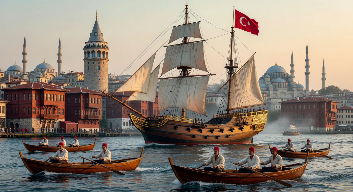 अठारहवीं शताब्दी के 'ट्यूलिप काल' के दौरान स्वर्ण श्रृंग (Golden Horn) के जलक्षेत्र में एक विशाल उस्मानी 'कल्योन' युद्धपोत अपनी भव्यता का प्रदर्शन कर रहा है, जिसके पीछे इस्तांबुल के ऐतिहासिक 'कोनाक' और सुलेमानिया मस्जिद की मीनारें दिखाई दे रही हैं। अग्रभूमि में अखरोट की लकड़ी से बनी 'काइक' नावें और पारंपरिक वेशभूषा में मल्लाह इस जीवंत समुद्री दृश्य को पूरा करते हैं। यह दृश्य उस्मानी साम्राज्य की समुद्री शक्ति और उस युग की बेजोड़ वास्तुकला को सुनहरी शाम की रोशनी में जीवंत करता है।