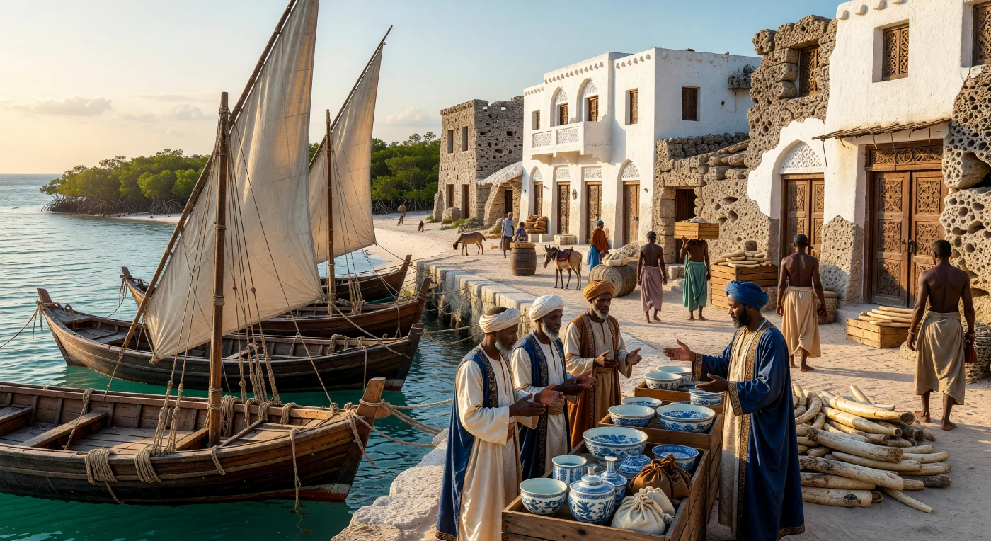 This scene depicts the bustling harbor of Kilwa Kisiwani during the late 16th century, where traditional mtepe vessels—distinguished by their mangrove-plank hulls sewn together with coconut fiber—are moored alongside monumental coral rag warehouses. Swahili merchants in fine silk kanzu robes facilitate the global exchange of East African ivory and gold for prestigious Chinese Ming Dynasty porcelain, highlighting the region's role as a sophisticated maritime crossroads. The architecture, finished in brilliant white lime plaster with intricately carved wooden doors, illustrates the unique cultural and economic prosperity that defined the Swahili Coast’s urban landscape during this era.