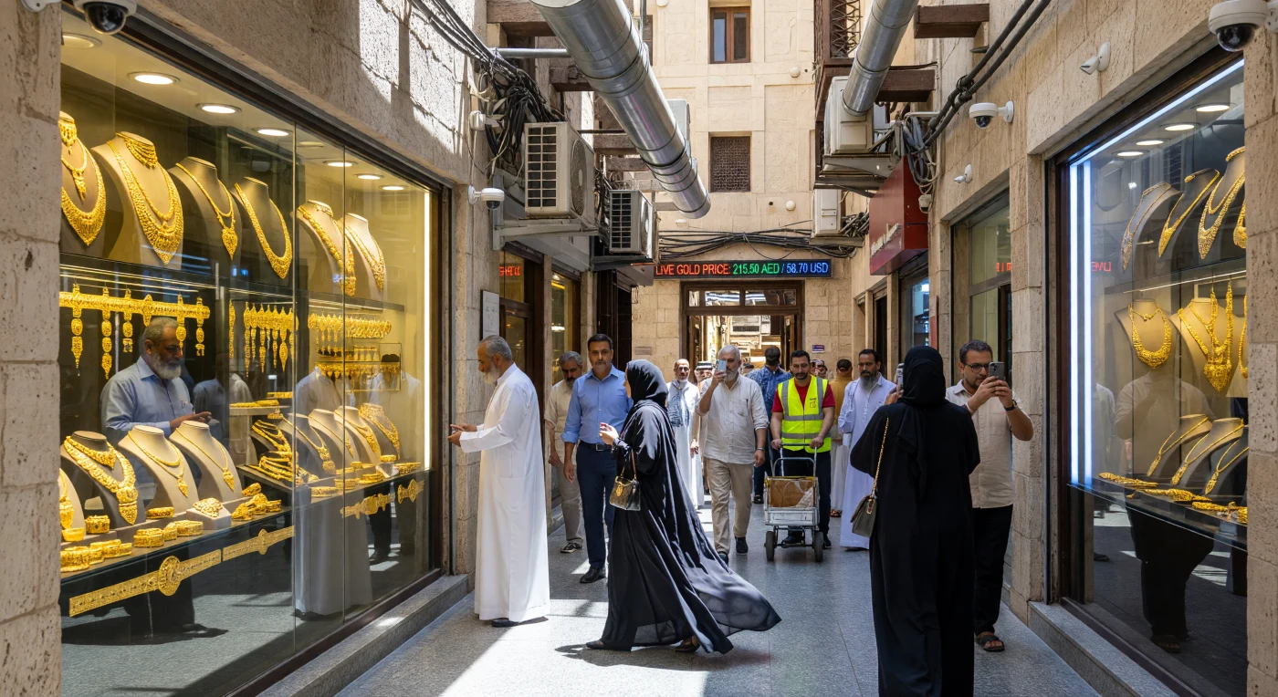 يصور هذا المشهد سوق الذهب في "ديرة" بدبي خلال العقد الثالث من القرن الحادي والعشرين، حيث تُعرض مجوهرات ضخمة من الذهب الخالص عيار 22 قيراطاً خلف زجاج مقوى محاط بجدران كلسية تقليدية مجهزة بأنظمة تكييف وكاميرات مراقبة حديثة. يعكس هذا التباين البصري سمات "العصر الرقمي" في الشرق الأوسط، حيث تندمج تقاليد التجارة العريقة بسلاسة مع البنية التحتية المتطورة والتقنيات الرقمية التي تحدد ملامح الاقتصاد العالمي الحديث. وبينما يتجول المتسوقون من مختلف الجنسيات تحت أضواء الـ LED الساطعة، تبرز لوحات الأسعار الرقمية لتؤكد مكانة دبي كمركز حيوي يربط بين التراث التاريخي والرفاهية المستقبلية.