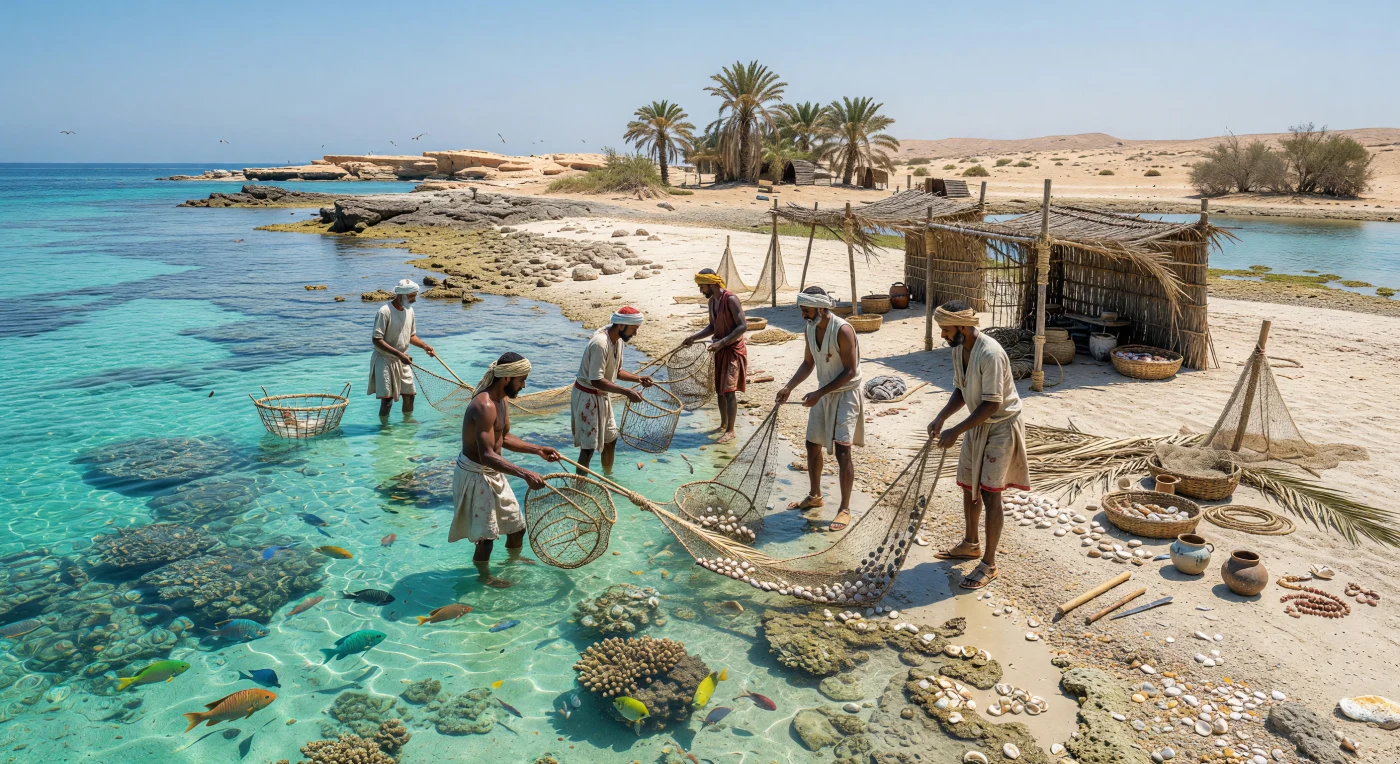 على ساحلٍ قاحل من البحر الأحمر في أواخر العصر الحديدي، يقف صيادون نحيلو البنية في مياهٍ ضحلة شفافة بين الشعاب المرجانية، يرفعون مصائد منسوجة وشباك كتان مثقلة بأثقال حجرية، بينما تلمع أسماك الببغاء والهامور تحت السطح الفيروزي. خلفهم تظهر مظلات مؤقتة من جذوع النخل والحصر، وحبال وسلال وجرار فخارية وأدوات صغيرة ذات شفرات حديدية، في مشهد يعكس اعتماد المجتمعات الساحلية على صيد الشعاب في بيئة حارة وشحيحة الموارد. ويكشف هذا العالم البحري، نحو 700–500 ق.م، عن سواحل البحر الأحمر بوصفها أماكن معيشة يومية وتبادل بعيد المدى أيضاً، حيث وصلت أحياناً أوانٍ أو خرزات عبر طرق تربط أفريقيا الشمالية الشرقية والجزيرة العربية ووادي النيل.