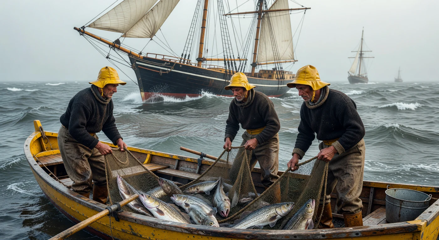 يصور هذا المشهد صيادين من منطقة "غراند بانكس" يرتدون سترات صوفية ثقيلة وقبعات زيتية وهم يكدحون لسحب شباك القنب المليئة بسمك القد الأطلسي إلى قواربهم الخشبية الصغيرة، بينما تلوح في الأفق سفينة شراعية ضخمة وسط مياه شمال الأطلسي الرمادية. تعكس هذه اللقطة، التي تعود لعام 1935 تقريباً، واقع العمل اليدوي المضني في حقبة ما بين الحربين العالميتين، حيث اعتمد البحارة من الأكاديين ونيوفاوندلاند على مهاراتهم التقليدية وسفنهم الخشبية قبل ظهور تقنيات الصيد الصناعي. يبرز هذا المشهد التراث البحري العريق لشرق كندا وأمريكا الشمالية، مسلطاً الضوء على فترة تاريخية تميزت بالصمود والارتباط العميق والخطير في آن واحد بخيرات المحيط الأطلسي.