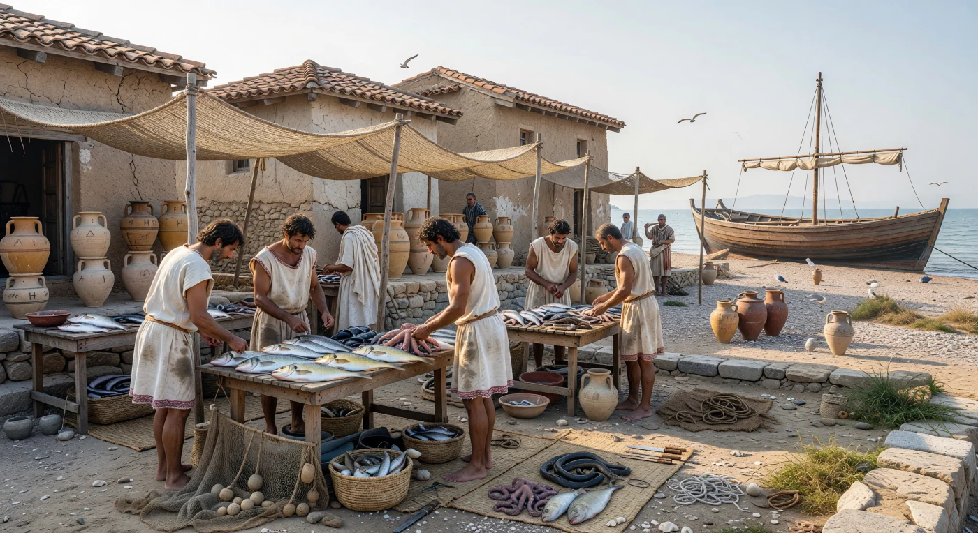 في ضوء الصباح الباكر على ميناءٍ إيجيّ من القرن السادس قبل الميلاد، يعرض صيادون حفاة بقمصان صوفية قصيرة أسماك البوري والدنيس والأنقليس والأخطبوط فوق طاولات خشبية وحصرٍ من القصب، بينما تتراص الجرار الفخارية قرب بيوتٍ من اللِّبن على قواعد حجرية، وتظهر خلفهم سفينةٌ تجارية مستديرة مسحوبة إلى الشاطئ. يجسّد هذا المشهد حياة المستعمرات اليونانية في العصر الآرخي، حيث ارتبطت الأسواق الساحلية بالصيد اليومي وبشبكات تجارة أوسع عبر بحر إيجه وشرق المتوسط، تحمل الزيت والنبيذ والسلع المملحة في الأمفورات. ومن خلال الأدوات البسيطة والملابس العملية واختلاط التجار المحليين والوافدين، نرى كيف كان البحر مصدرَ رزقٍ وحلقةَ وصلٍ بين مجتمعات متباعدة في عالم البحر المتوسط الحديدي.