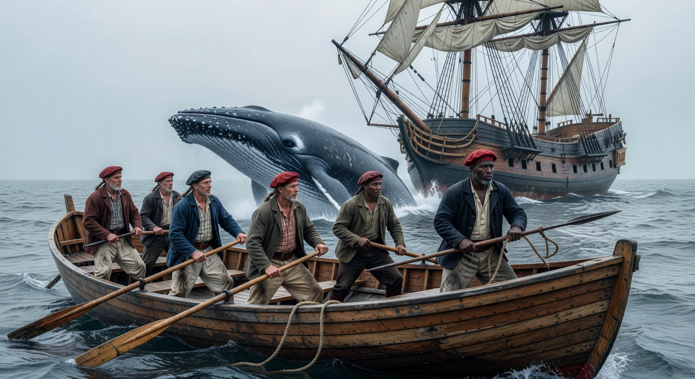 يصور هذا المشهد من عام 1760 صراعاً ملحمياً في مياه شمال المحيط الأطلسي الباردة، حيث يقترب طاقم متنوع الأعراق في قارب من خشب الأرز من حوت ضخم يندفع فوق السطح مبرزاً نتوءاته الجلدية المميزة وسط رذاذ الماء المالح. يقف الصياد متأهباً بهاربونه الحديدي في مقدمة القارب، بينما تنتظر سفينتهم التجارية المبنية من خشب البلوط في الأفق تحت سماء ملبدة بالغيوم، مما يجسد حقبة "عصر الشراع" التي اتسمت بالتوسع التجاري العالمي والمخاطر الجسيمة التي واجهها البحارة في تلك البيئة البحرية القاسية.