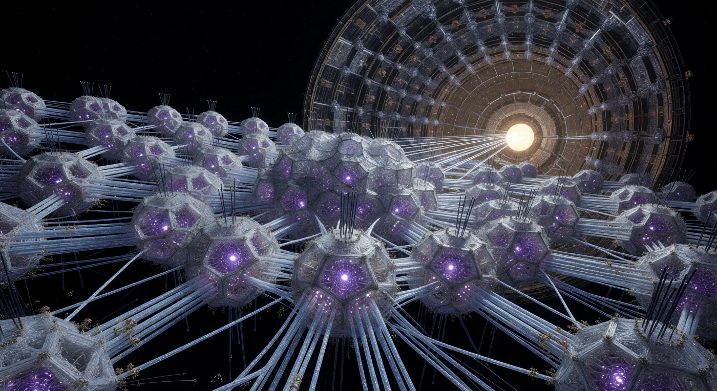 This scene captures a Synaptic Cluster Fusion during the era of Cosmic Maturity (approximately 20,000–100,000 CE), where thousands of Substrate-Independent Minds (SIMs) merge within a Matrioshka shell to perform collective computations. These crystalline, diamondoid lattices house trapped ions pulsing with violet light, interconnected by silver-blue conduits of superfluid Helium-3 used for thermal management near the radiation of a central G-type star. Operating as a Kardashev Type II civilization, these post-biological entities have transcended organic limitations to exist as vast, vacuum-dwelling processors capable of sustained thought across thousands of years.
