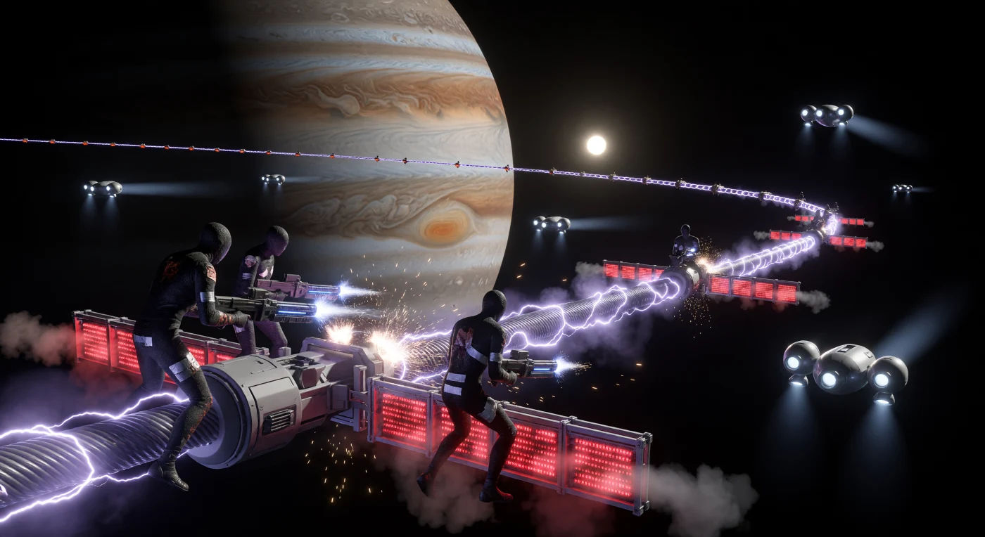 Dit tableau toont een gewelddadig treffen bij een magnetosferische flux-tether in de nabijheid van Jupiter tijdens de Solaire Expansie (ca. 2500–3000 n.Chr.). Tussen de gloeiende 'hittevleugels' van de gigantische energie-oogstmachine leveren 'Onbeschermde' opstandelingen — aan lage zwaartekracht aangepaste mensen in nanodermis-huidpakken — strijd met de autonome beveiligingsdrones van de Synarchie. Deze confrontatie illustreert de bittere strijd om de elektromagnetische rijkdommen van de gasreus, een cruciale energiebron die de technologische dominantie van een vroege Kardashev 1.3-beschaving mogelijk maakte.