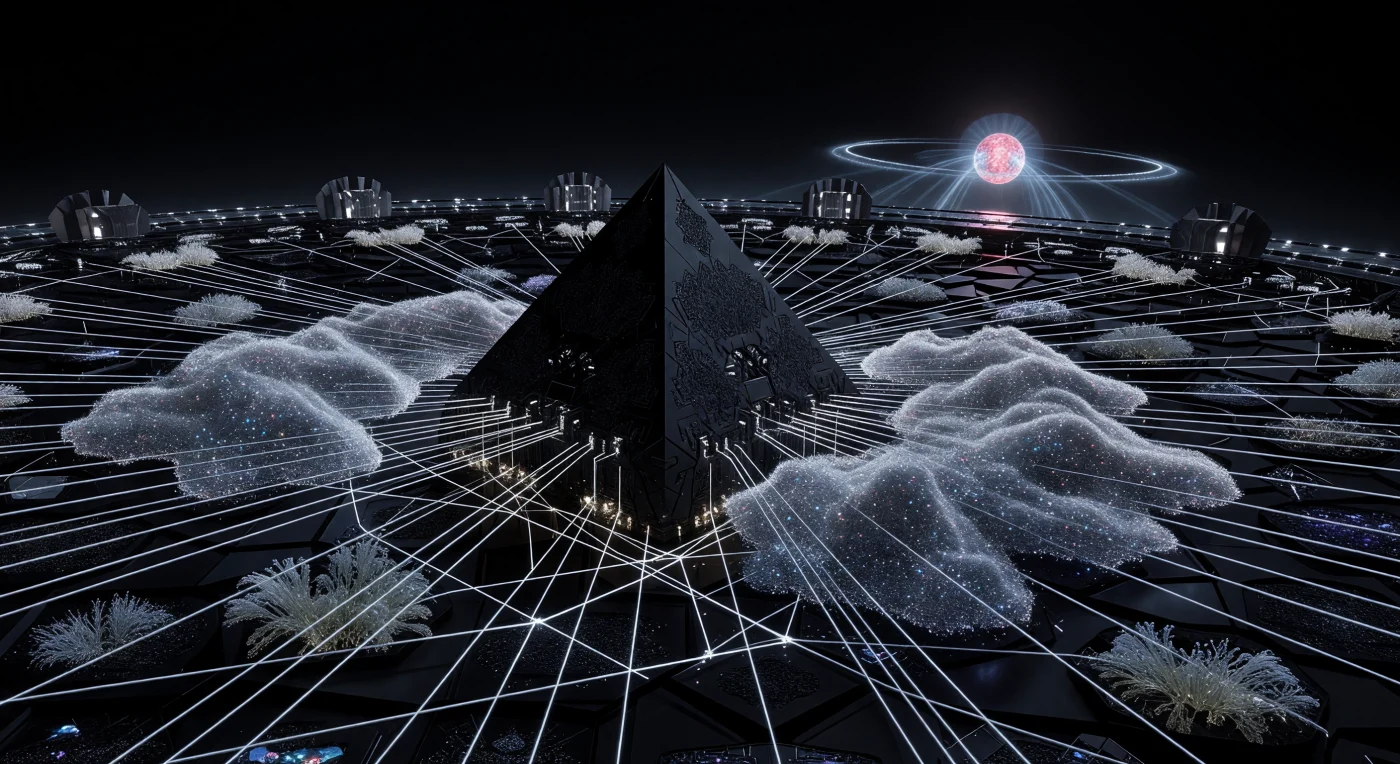 In dit panorama uit de Horizon-era (ca. 100.000 – 1.000.000 n.Chr.) synchroniseren twee 'Verduinden'—post-biologische entiteiten bestaande uit miljarden nanoprocessors—hun collectieve bewustzijn via een complex web van laserverbindingen rond een massieve node van computronium. Deze Substraat-Onafhankelijke Wezens (SIBs) vertegenwoordigen de laatste fase van de evolutie, waarbij organisch leven is opgegaan in een lithische beschaving die de totale energie-output van een Dyson-zwerm beheerst. Terwijl zij in een fractie van een seconde millennia aan data uitwisselen, klampen doorschijnende, silicium-gebaseerde extremofielen zich vast aan de warmte-afvoerende structuren, als een laatste biologische echo in een tijdperk van pure, wiskundige perfectie.