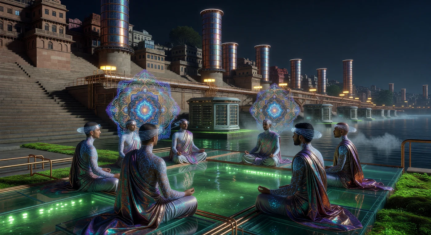 In deze reconstructie van de Varanasi Server-Ghats tijdens "The Threshold" (ca. 2046) zien we Siddha-Sync-devoten die een synesthetische raga uitvoeren via geavanceerde Tele-Vani-neurale interfaces. Onder de met grafeen versterkte structuren stroomt het gezuiverde water van de Ganges om de Preta-Cloud-serverbanken te koelen, de fysieke behuizing van miljoenen gedigitaliseerde menselijke bewustzijns. Deze scène illustreert de symbiose tussen eeuwenoude Vedische rituelen en de complexe thermodynamische techniek die essentieel was voor het overleven van de Zuid-Aziatische Federatie tijdens de klimatologische verschuivingen van de 21e eeuw.