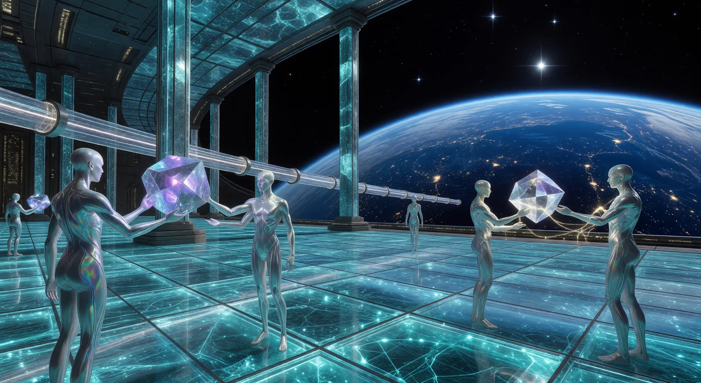 Set during the Interstellar Dawn (c. 3000–5000 AD), this scene depicts a Synthesis Plaza situated on the interior curve of a massive planetary orbital ring. Members of the *Homo Stellaris* lineage—post-humans biologically adapted for microgravity and radiation—are seen exchanging quantum-encrypted data-cubes atop a "Hard-Light" photonic floor. The absence of an atmosphere creates the stark, high-contrast lighting characteristic of vacuum-based architecture, highlighting the skeletal graphene lattice and the distant, bioluminescent glow of a terraformed world.