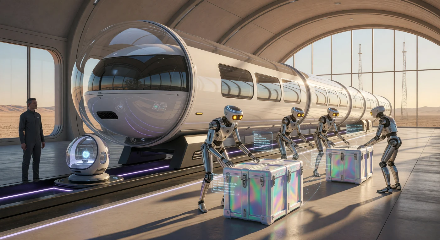 Set in the Mojave Desert during the mid-21st century transition known as "The Threshold" (c. 2045), this scene illustrates the pinnacle of Type 0.78 Kardashev efficiency. Synthetic "Silicons" in titanium-and-carbon-fiber chassis coordinate the loading of a Maglev pod, utilizing magnetic-induction palms and augmented-reality data streams from the "Shared Loom." The terminal features room-temperature superconducting rails and vacuum-sealed transit tubes, representing a pivotal era where fusion energy and neural-link technology unified human and artificial intelligence in global logistics.