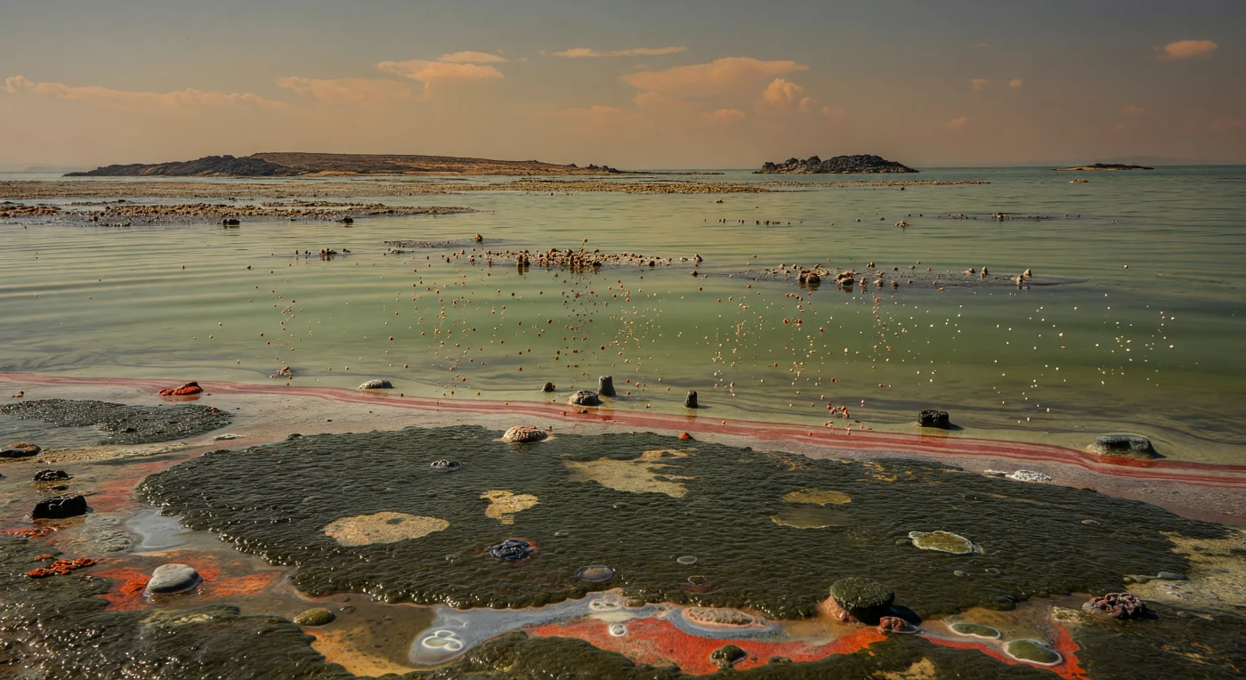 約27億〜25億年前の太古代後期、温かく緑がかった浅い海の静かな大陸棚では、シネココッカスに似たシアノバクテリアを含む微生物マットが太陽光で酸素を放出し、その周囲だけに生じた“酸素オアシス”で海水中の溶存鉄が赤さび色の微粒子として沈殿していました。画面には、しわ状で層をなす暗色の微生物マット、小さなドーム状ストロマトライト、そして橙赤色の鉄フロックが淡いシリカ泥と交互に海底へ積もる様子が見え、縞状鉄鉱層（BIF）の原型が生まれる瞬間が描かれています。背後には裸の玄武岩質—コマチアイト質の小島がかすみ、動物も海藻もまだ存在しない世界で、微生物だけが地球の海と大気の化学を静かに変え始めていたことを物語ります。